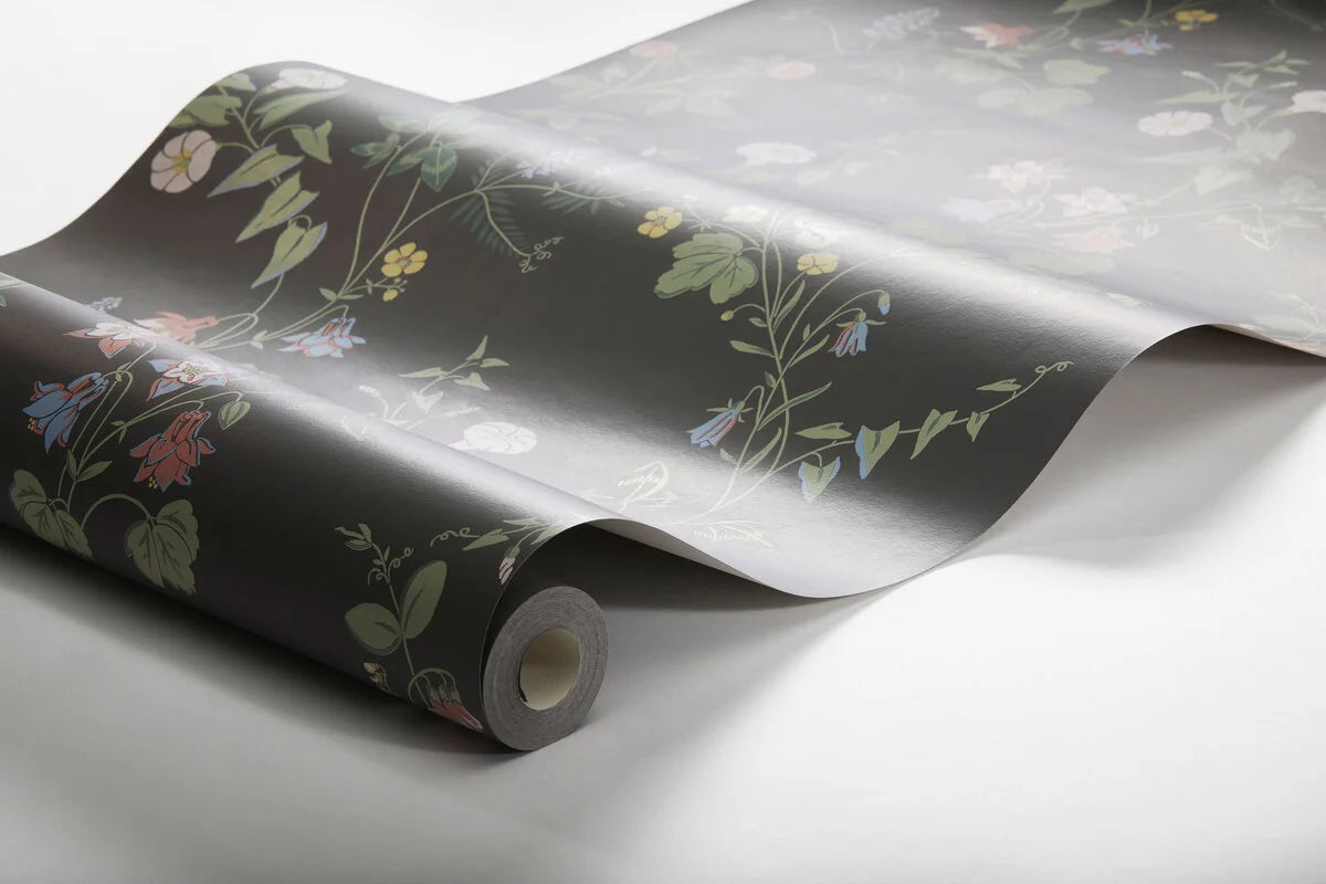 MIDSUMMER EVE dark brown floral and leaf patterned wallpaper with green