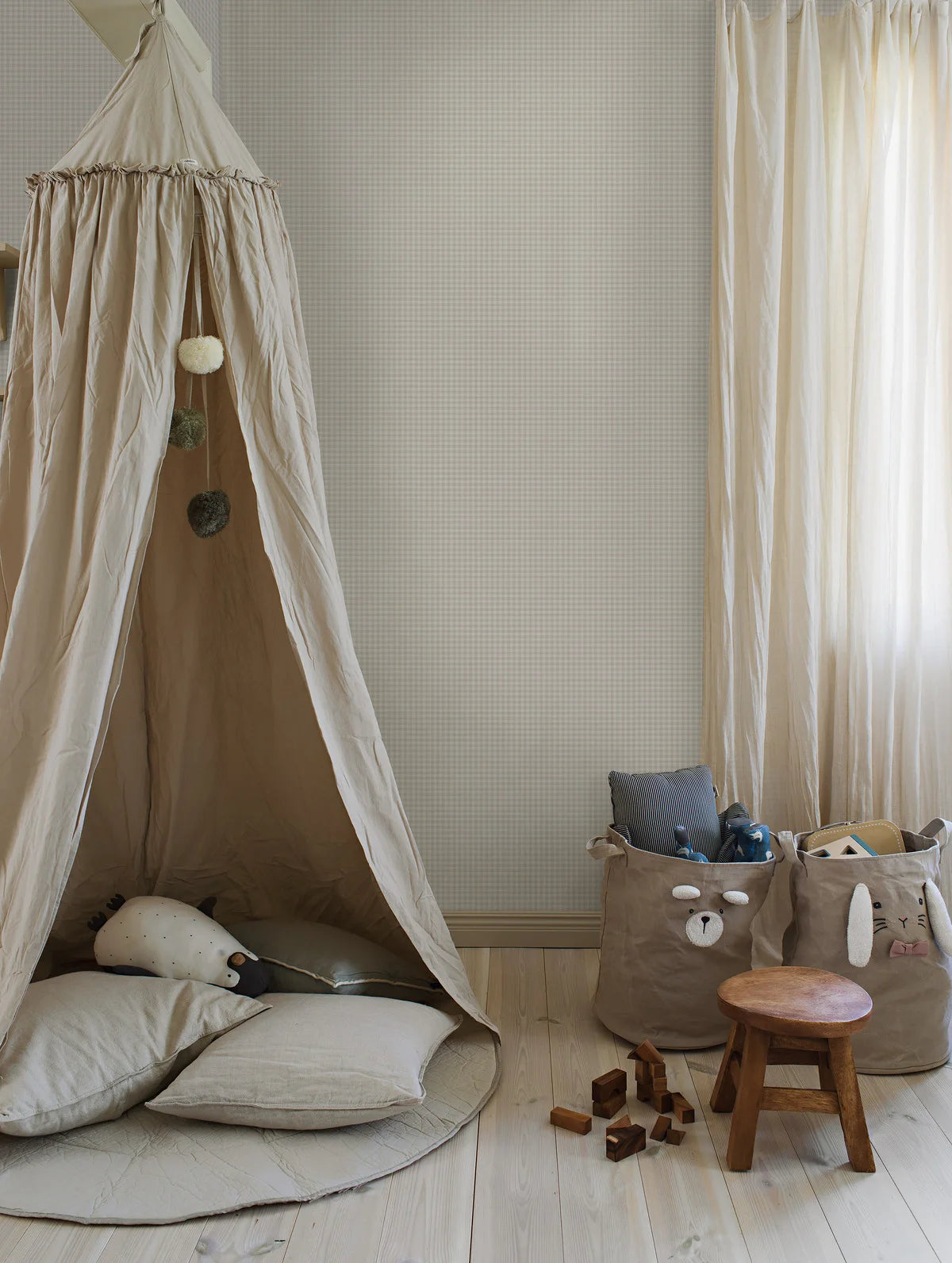 Structural wallpaper imitating linen in plaid PICNIC CHECK gray with beige