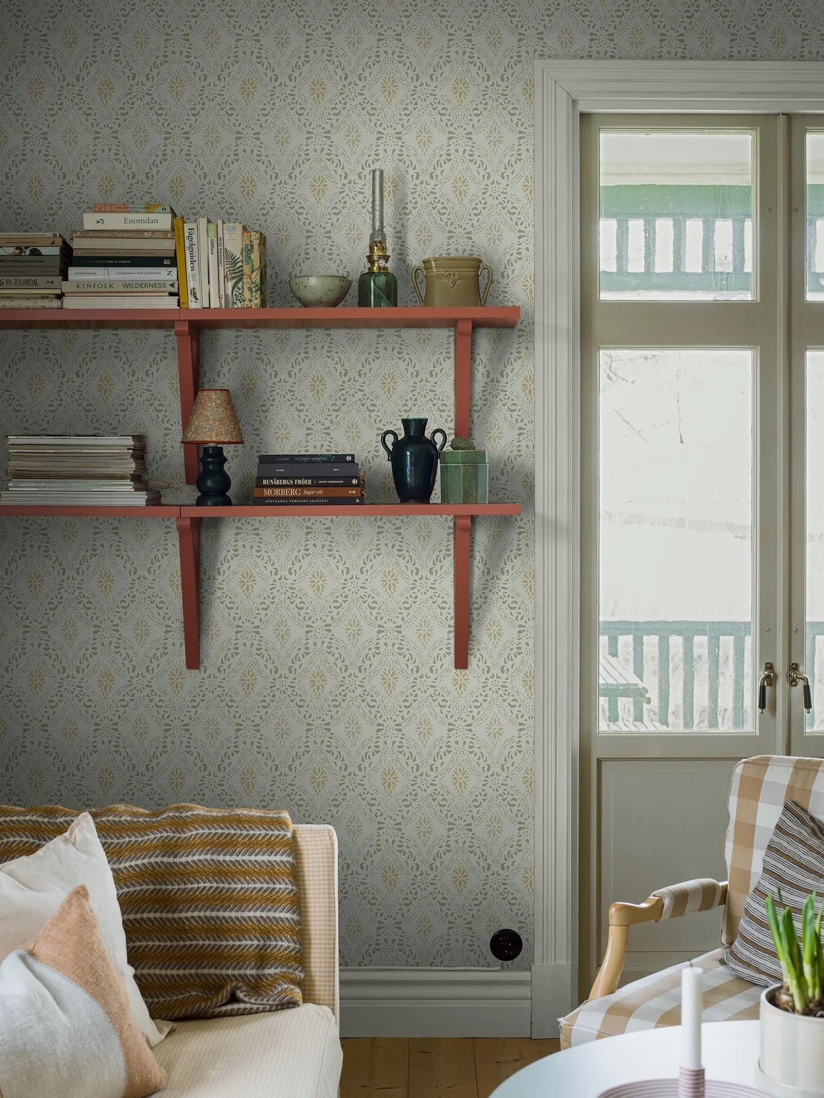 Non-woven paper wallpaper with geometric pattern KVARNHOLMEN white with green