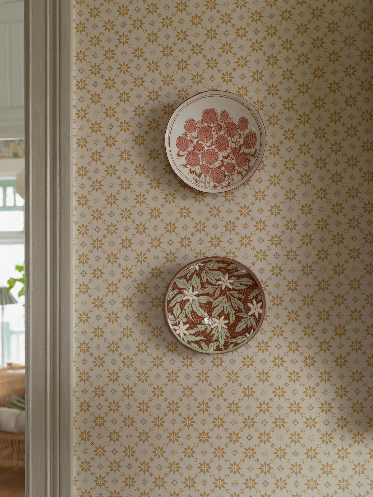 Paper non-woven wallpaper with geometric pattern STELLA light beige with yellow
