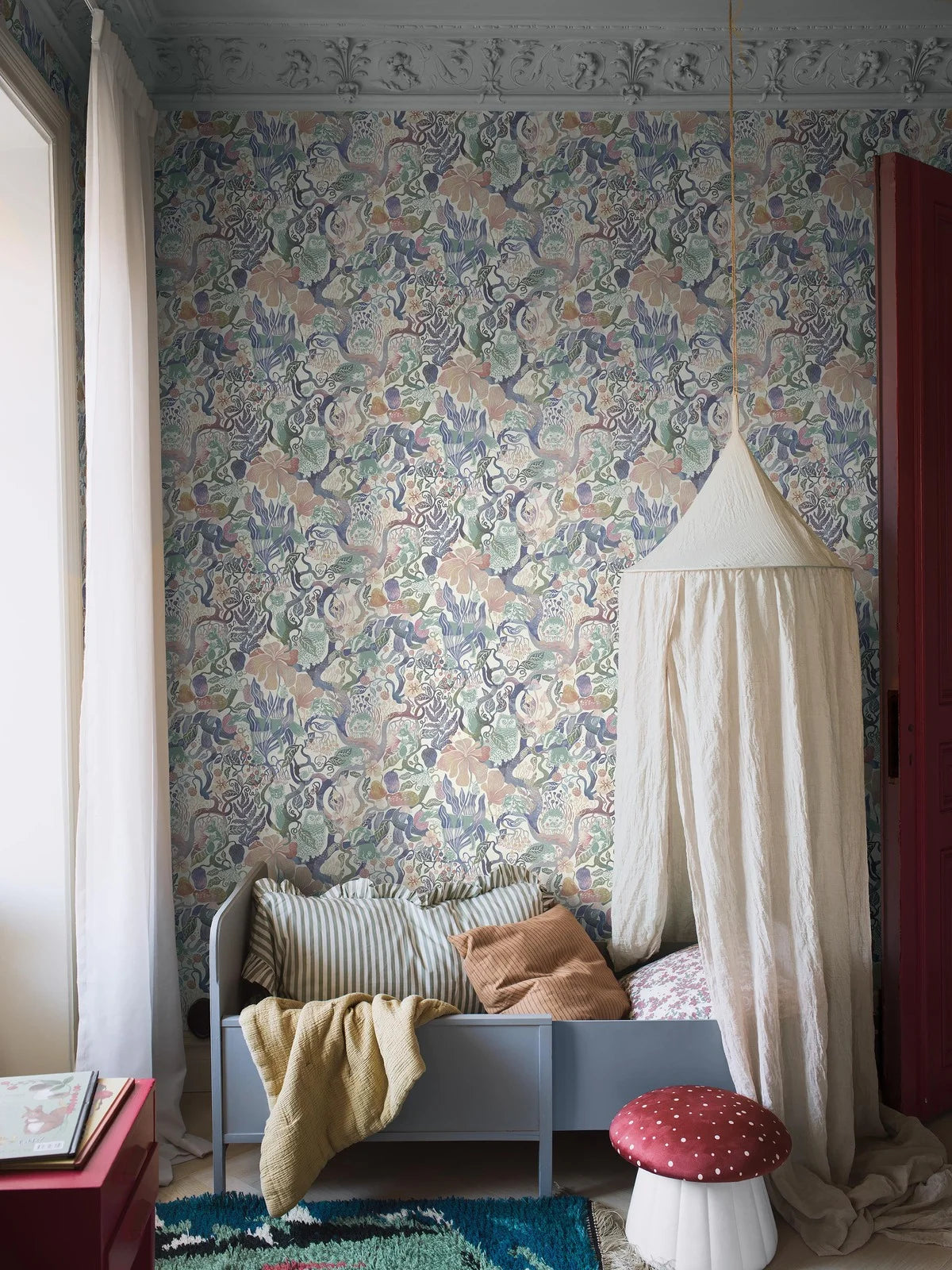 Children's wallpaper with a fairy tale forest theme MAGIC WOODS beige with navy blue