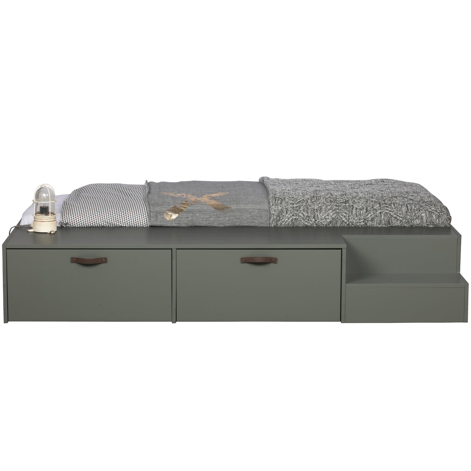 Stage Bed with Drawers in Gray-Green
