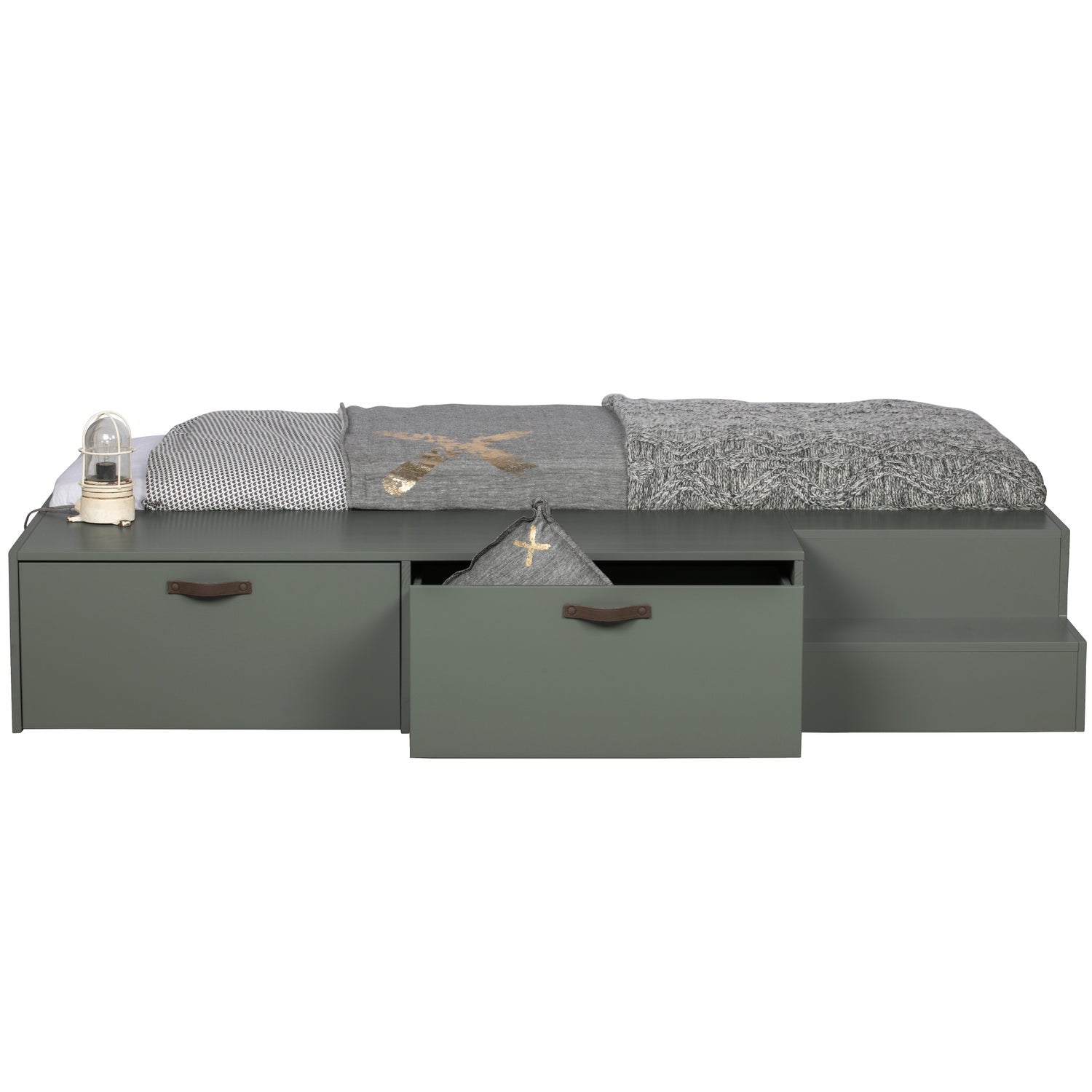 Stage Bed with Drawers in Gray-Green