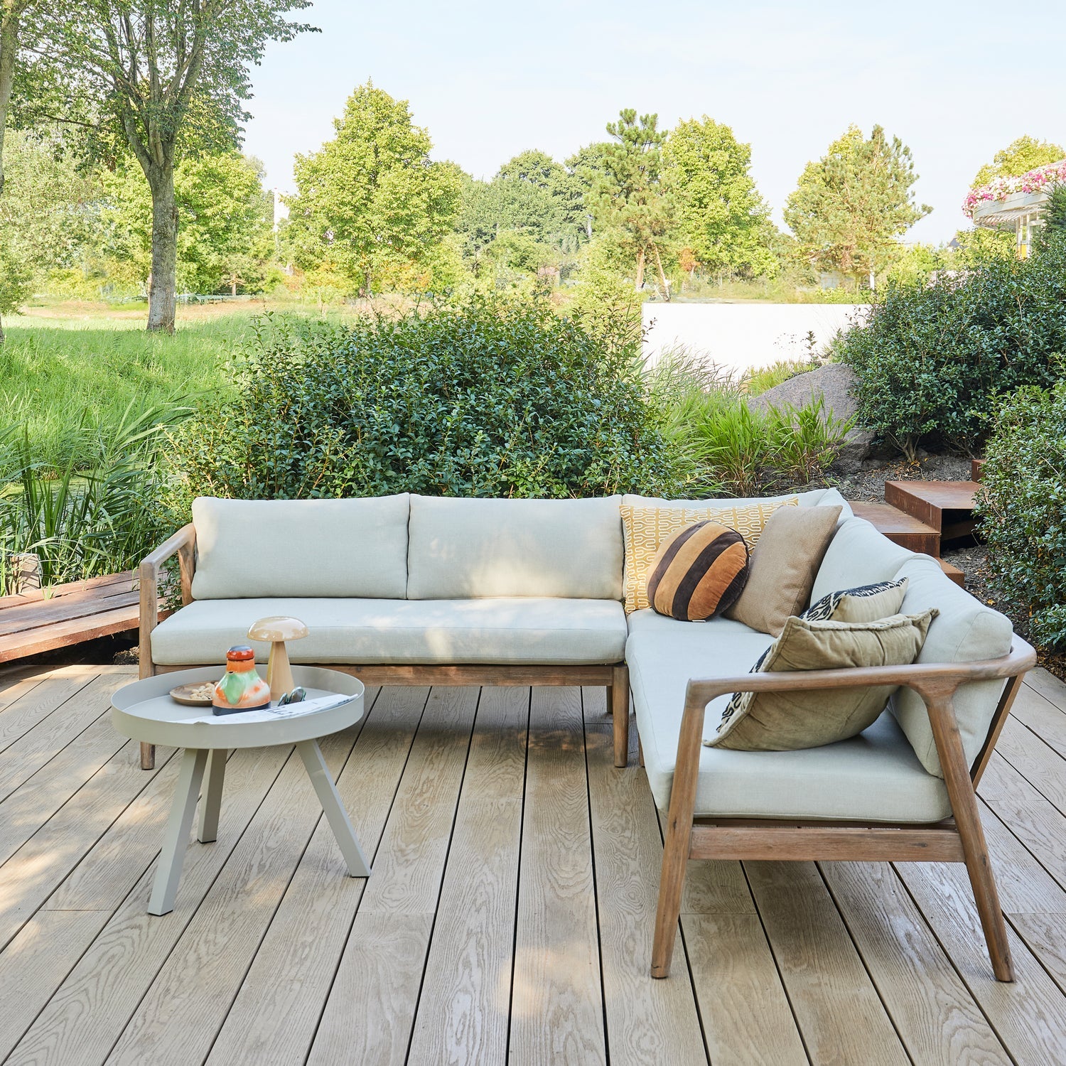Symmetrical Garden Corner Sofa BIAM in Sand with Acacia Wood Frame