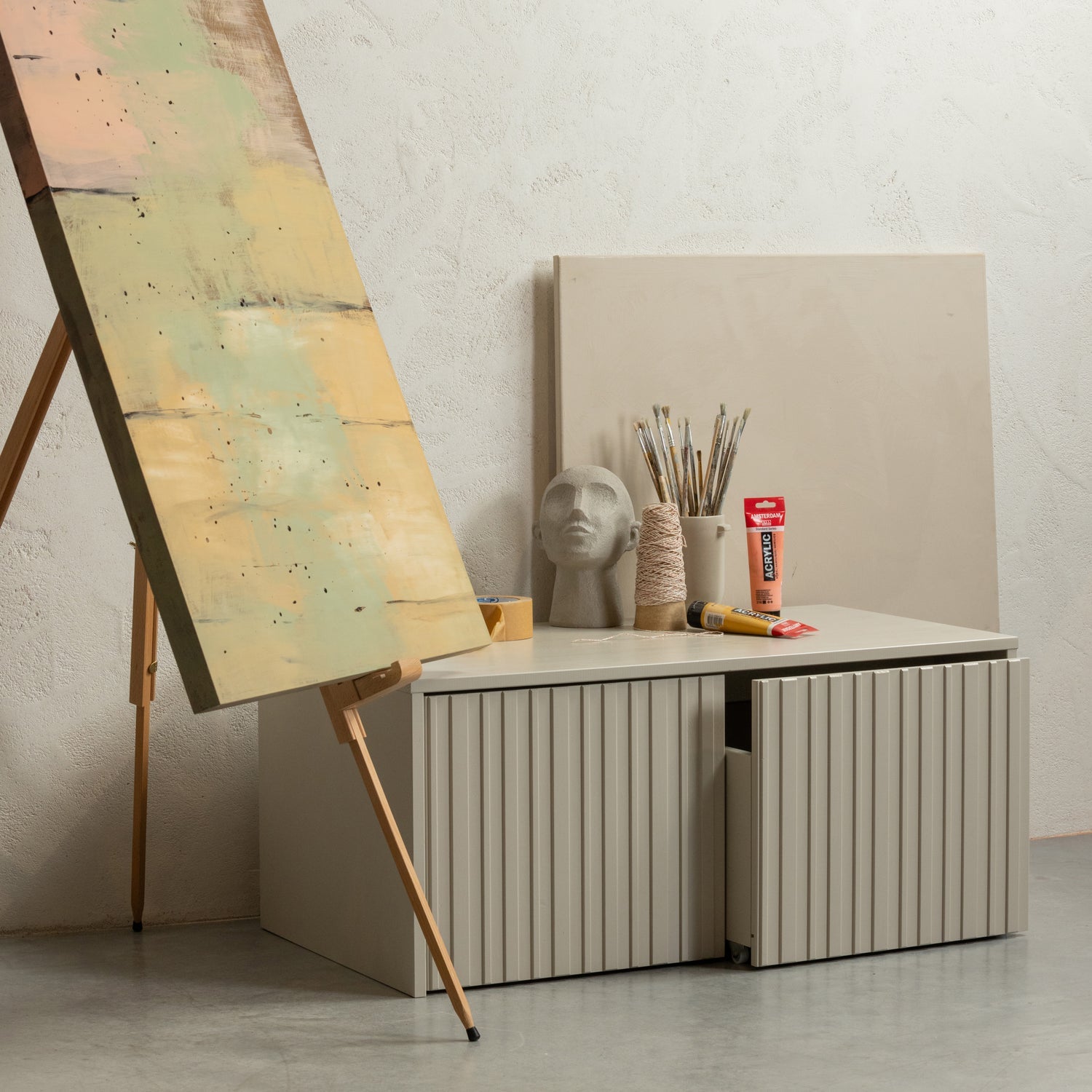 Bench with gravure drawers gray pine wood