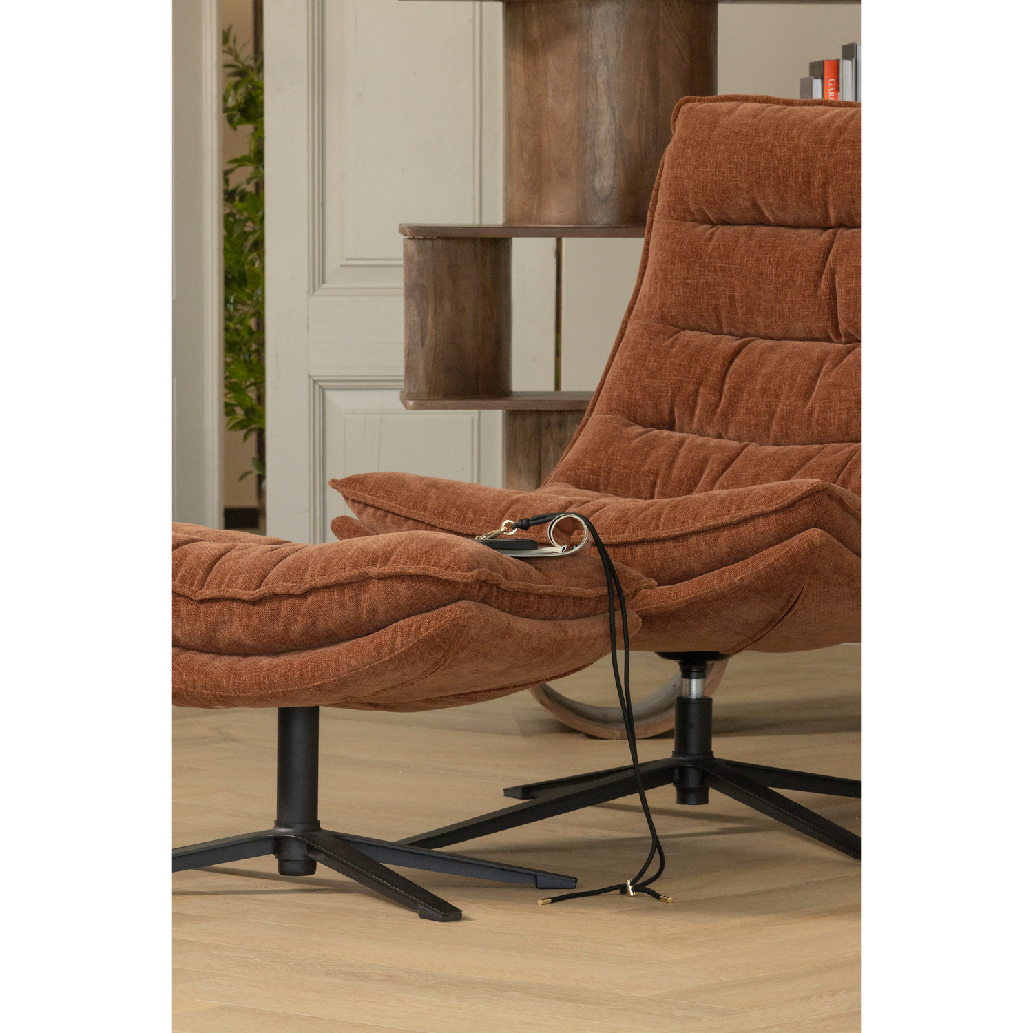KUBE Brown Swivel Armchair with Footrest