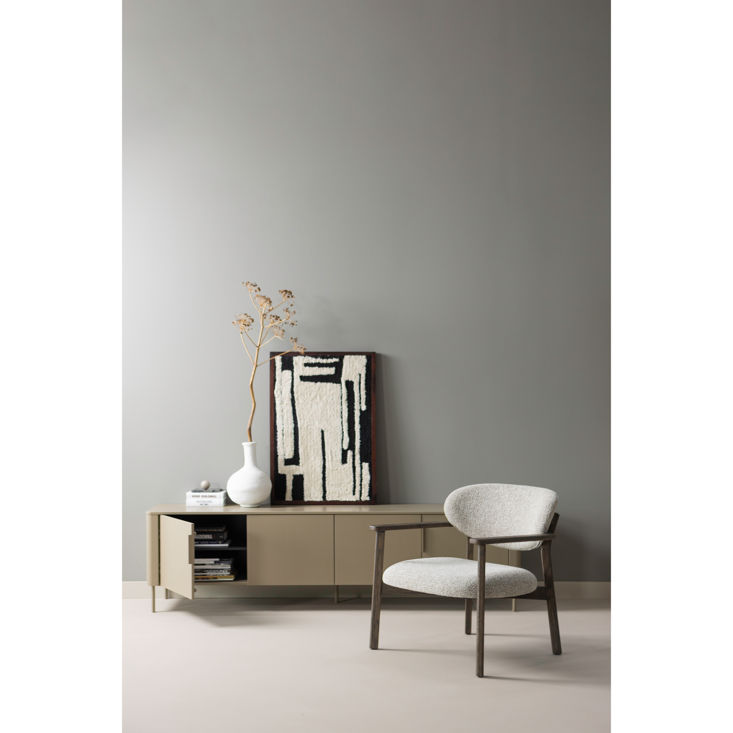 UDAR Armchair in Gray Beige with Wooden Base