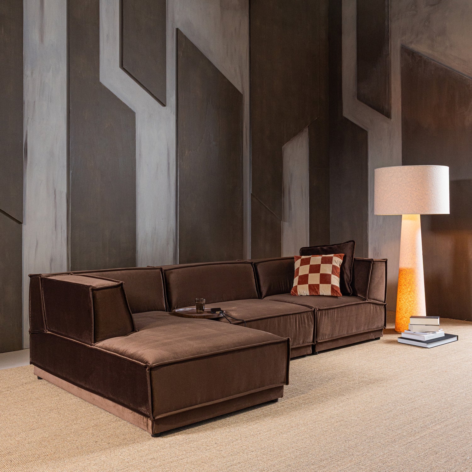 Left-facing Velvet Corner Sofa MANU in Brown