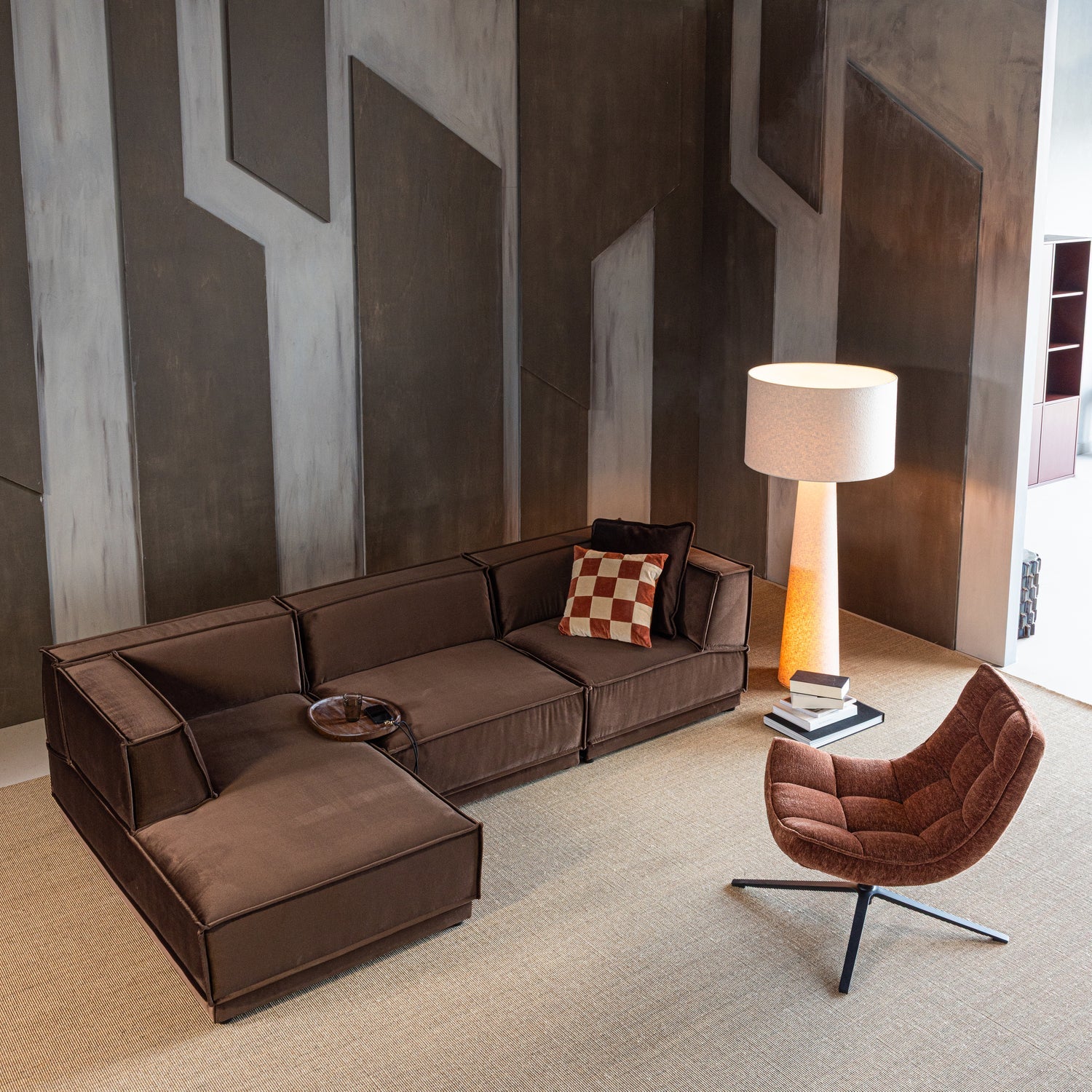 Left-facing Velvet Corner Sofa MANU in Brown