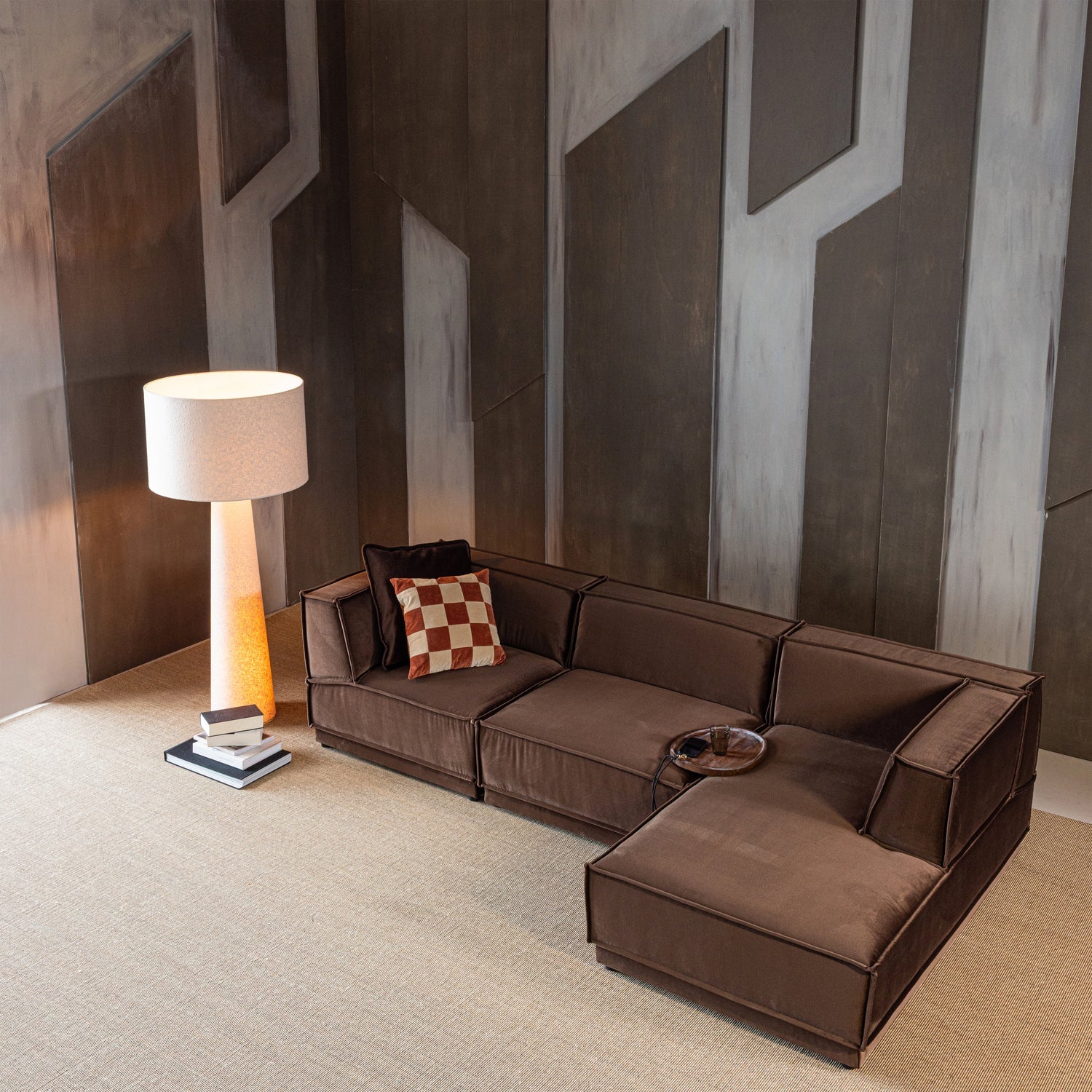 Right-facing Velvet Corner Sofa MANU in Brown