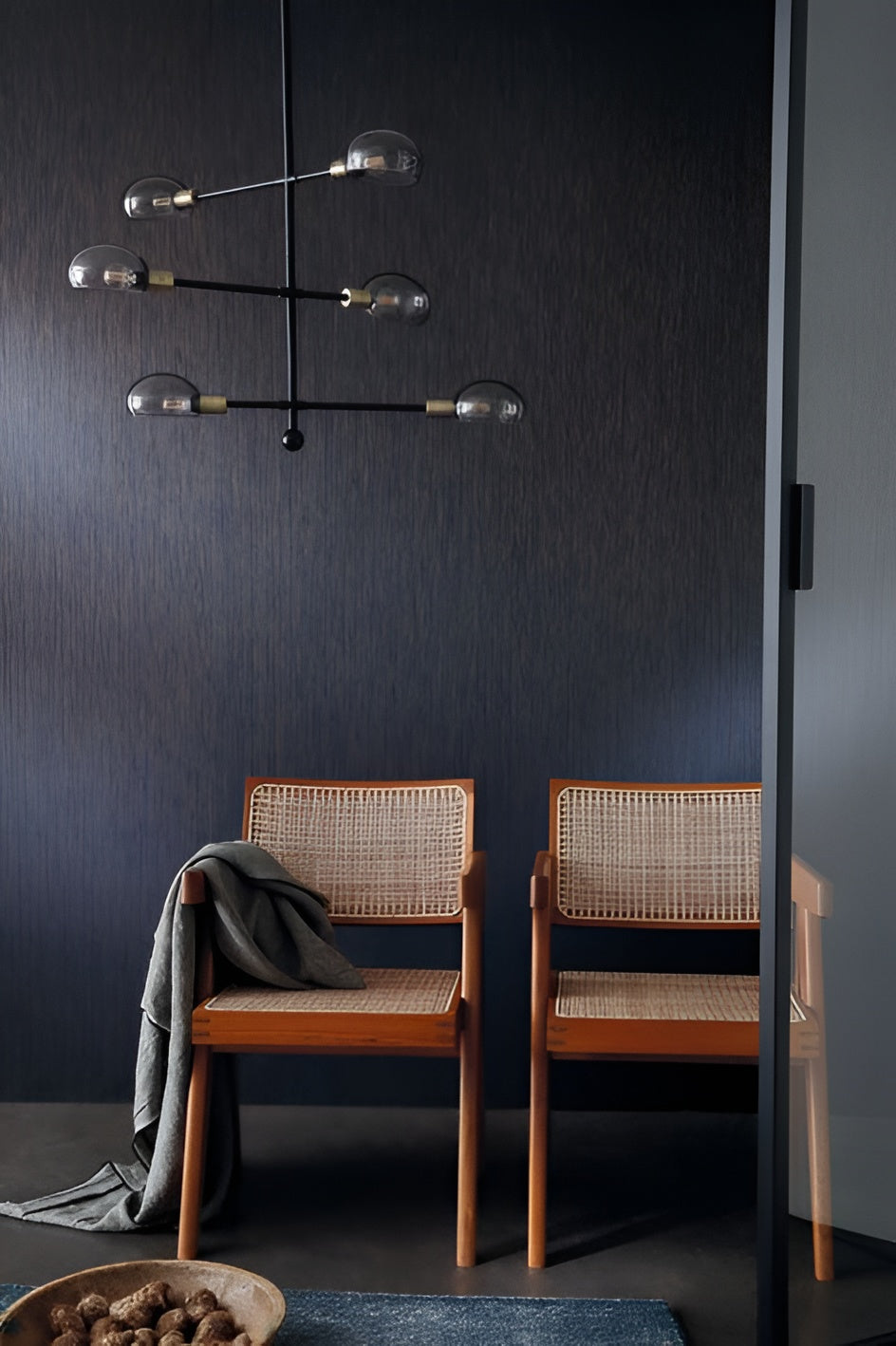 Textile wallpaper with structural vertical stripes JUSSIEU - BLUE COPPER navy blue with gold