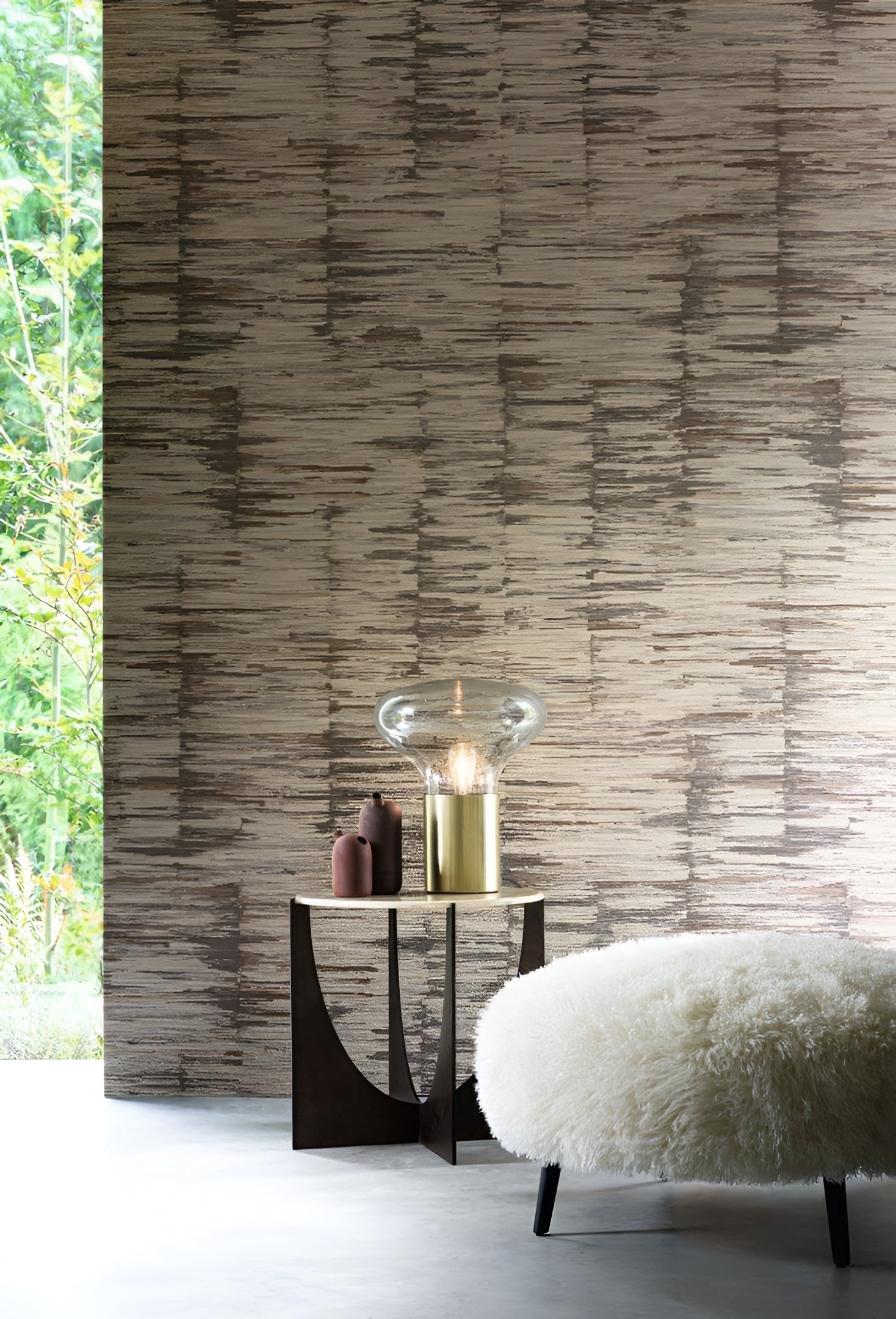 Textile wallpaper with a structural stripe ALCHEMILLA - BLEU DEAUVILLE/GRIS NUAGE blue with beige