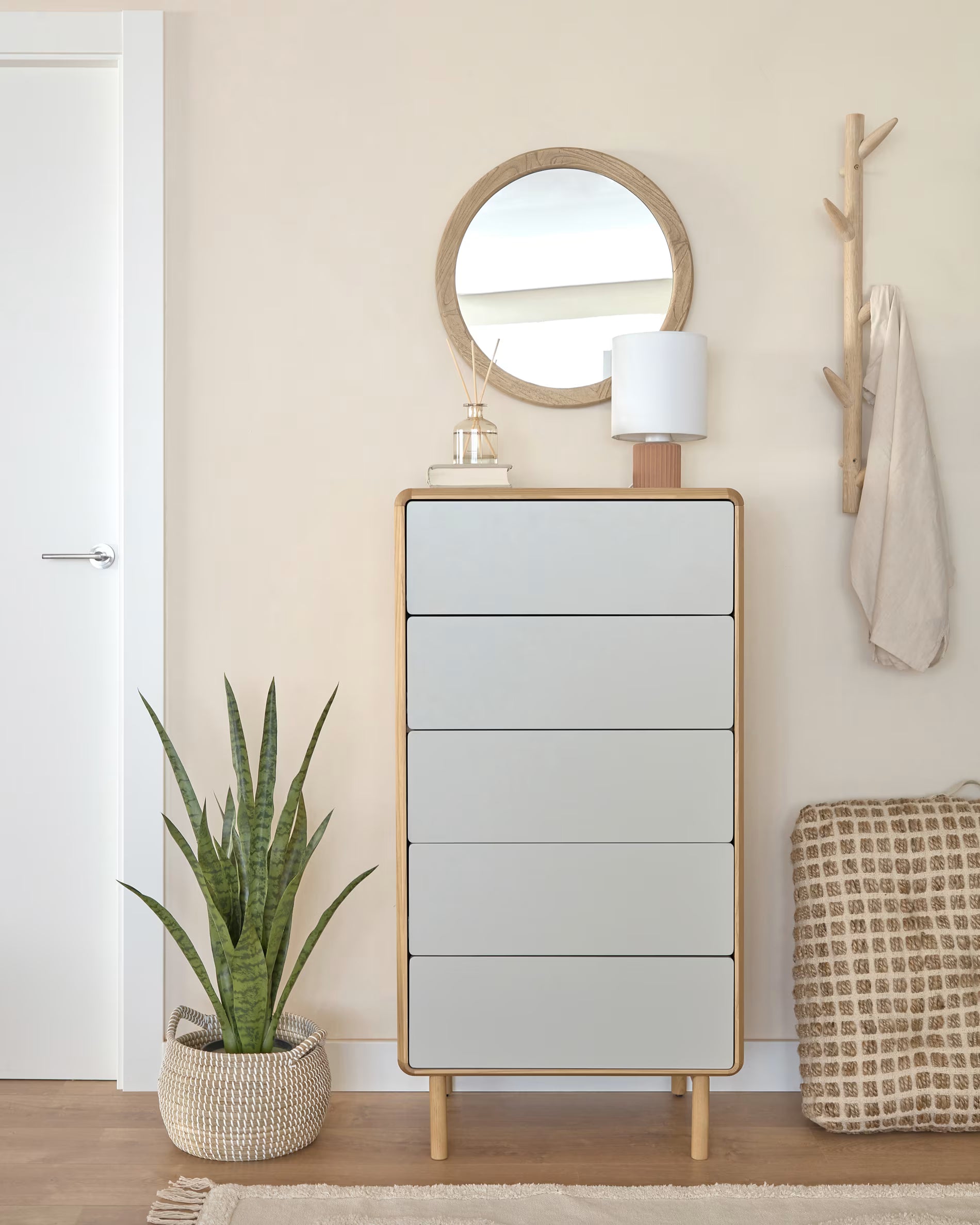 ANIELLE light gray drawer cabinet with wood