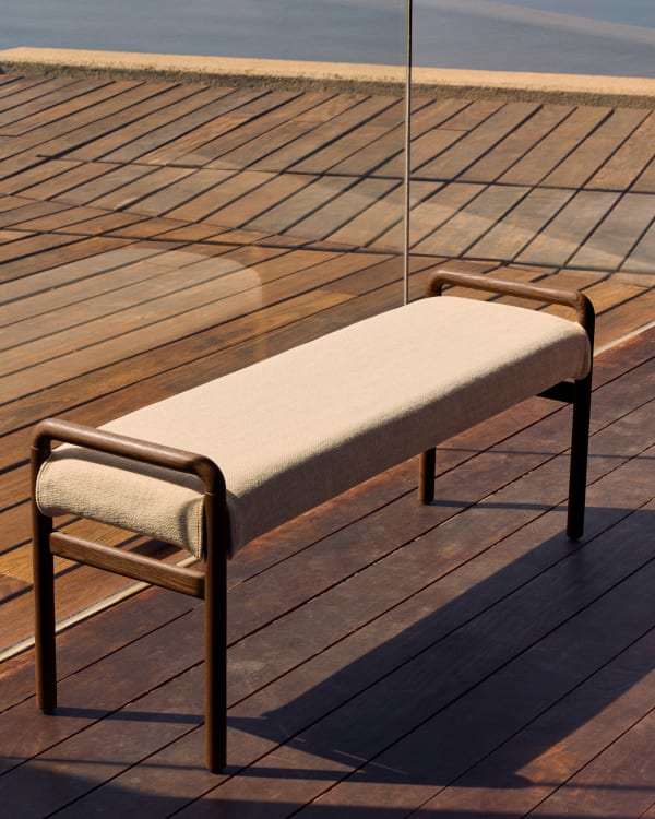 MACARET bench in beige chenille with a dark oak base