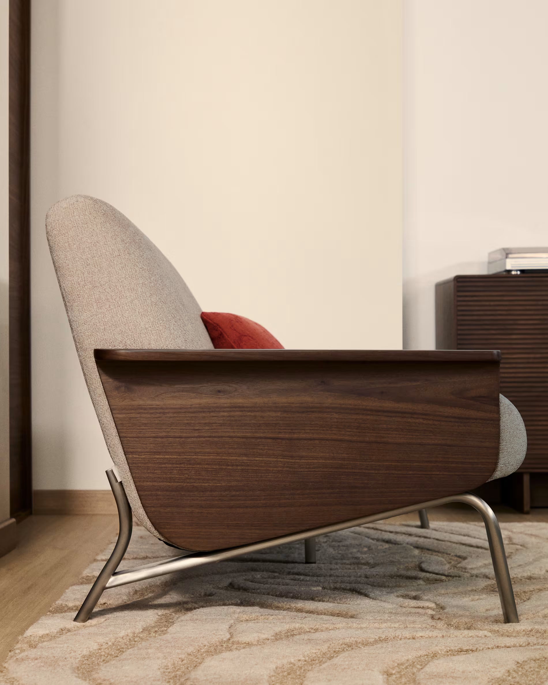 2-seater Sofa AMSEN light brown with walnut plywood and steel base