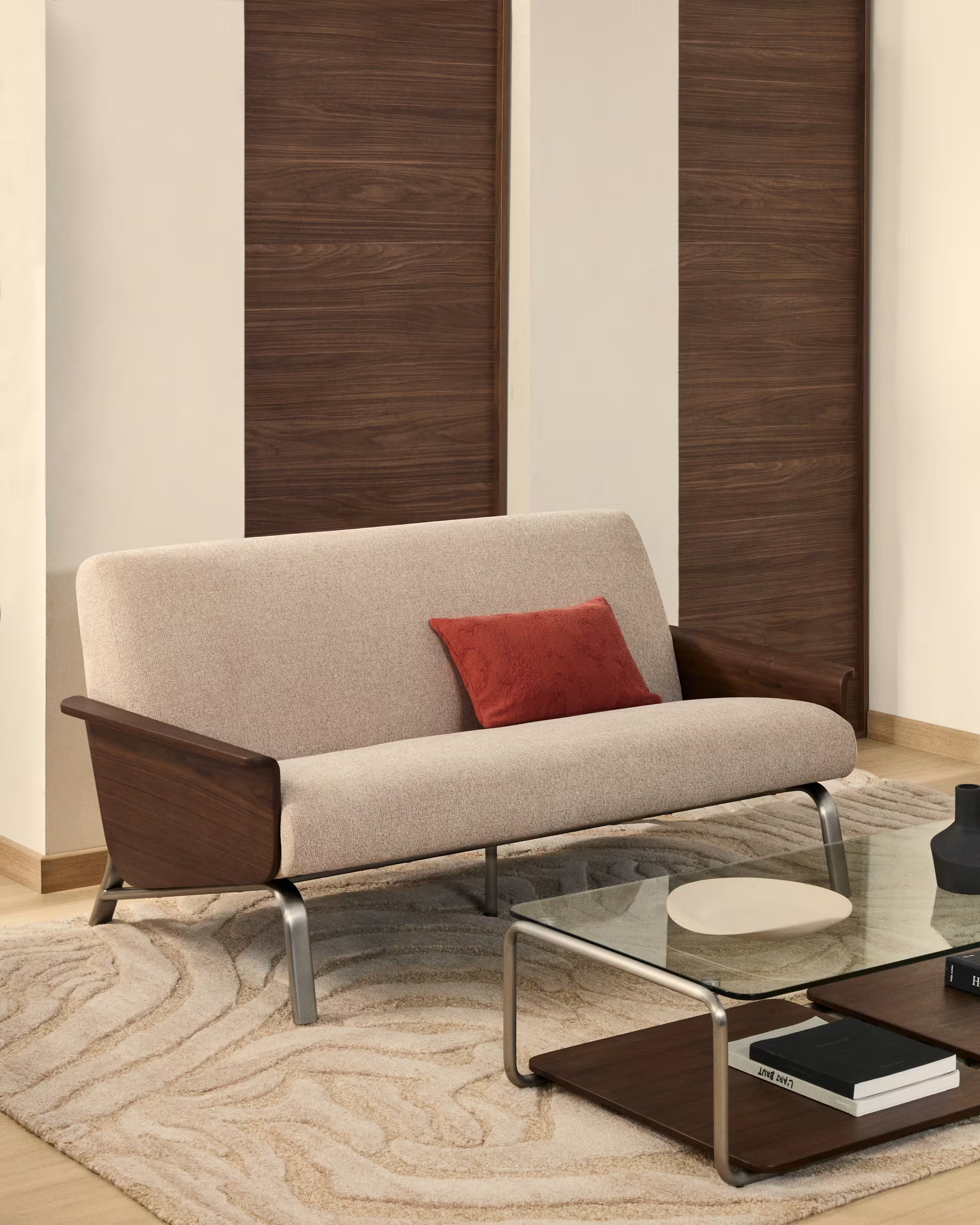 2-seater Sofa AMSEN light brown with walnut plywood and steel base