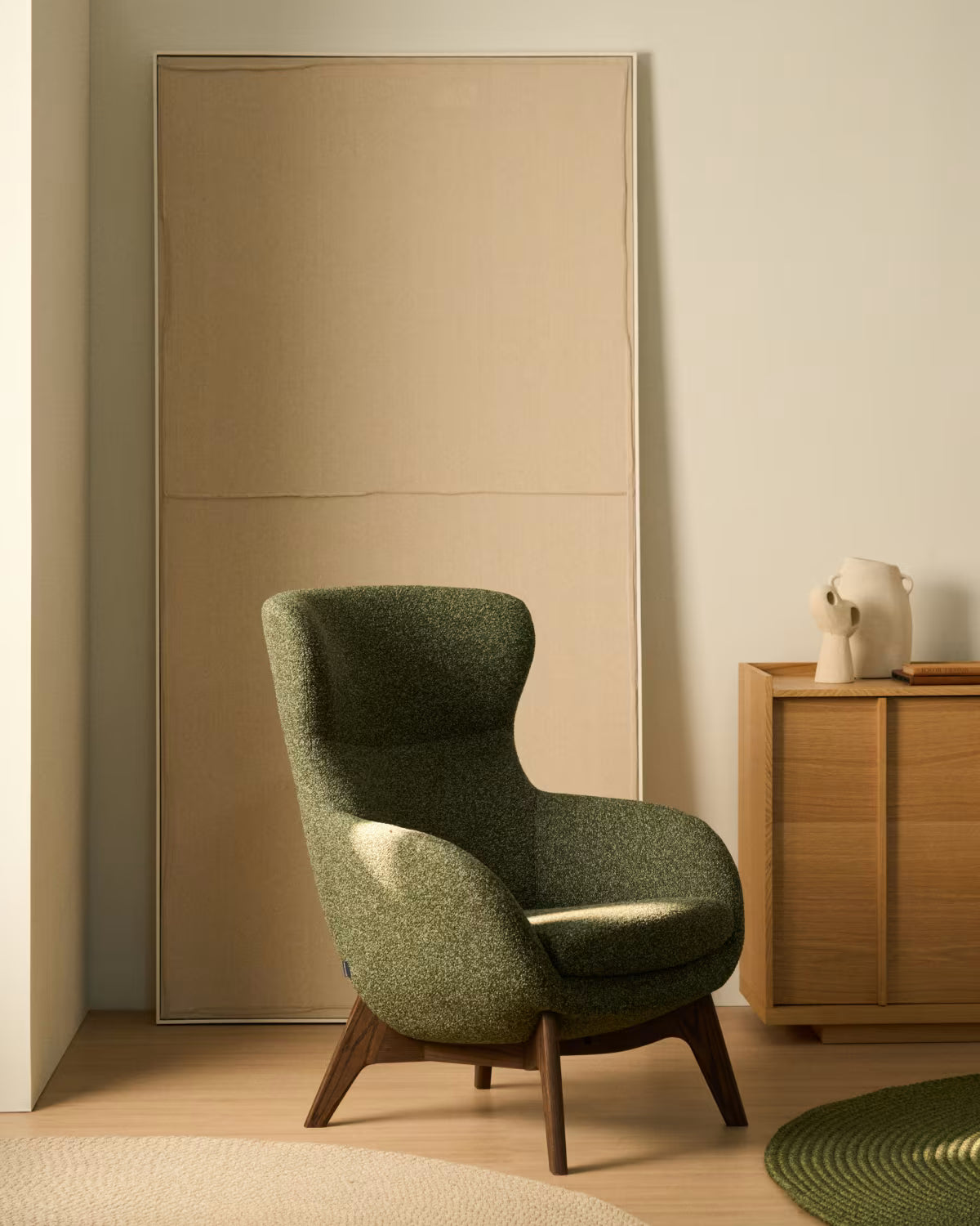 ADIRAN armchair in light brown chenille with a dark oak base.