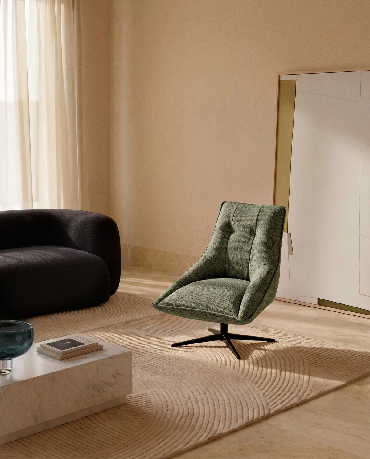 Swivel Armchair DIRALA Green Chenille with Black Base