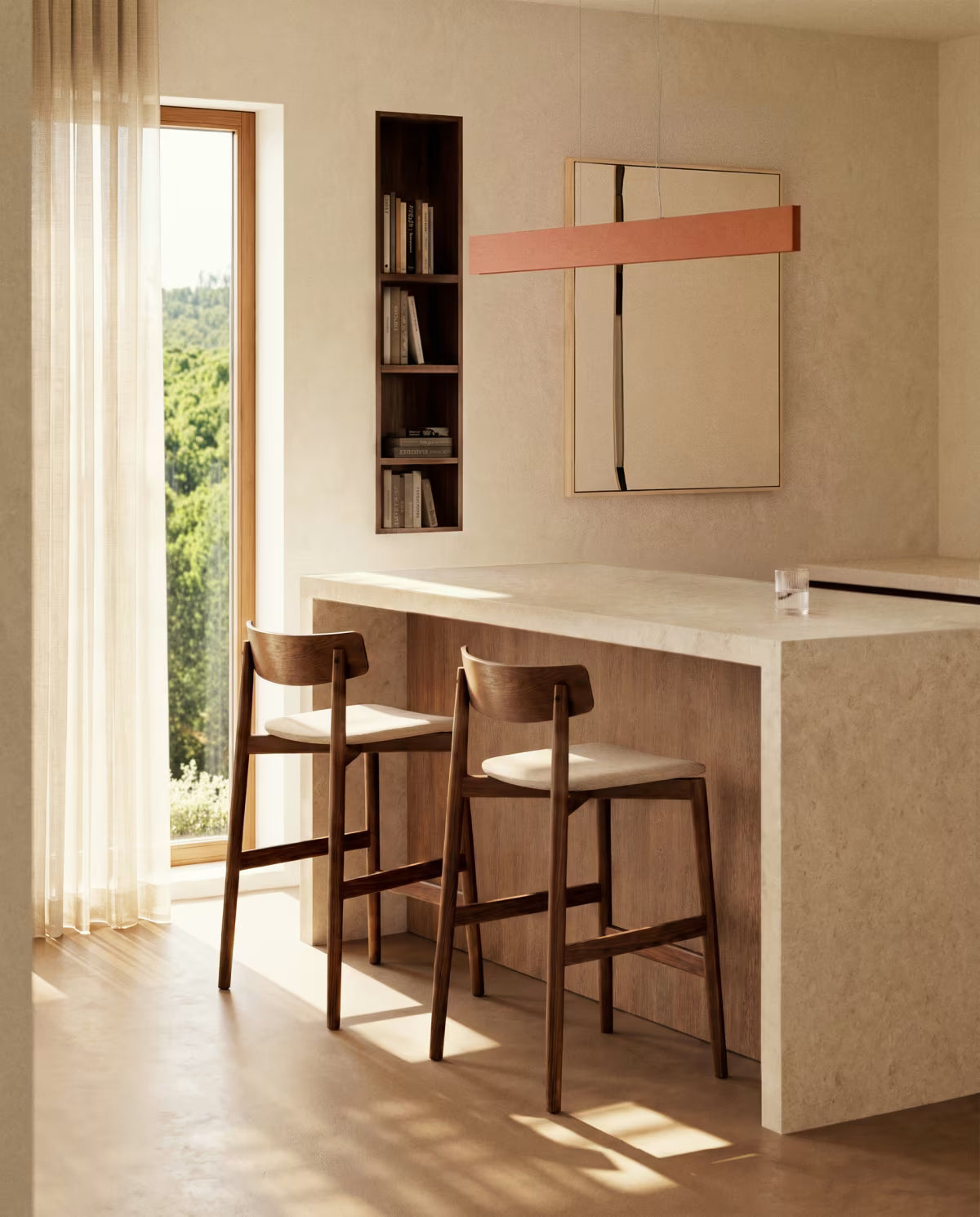 EVERA bar stool in beige chenille with a dark veneered oak base.