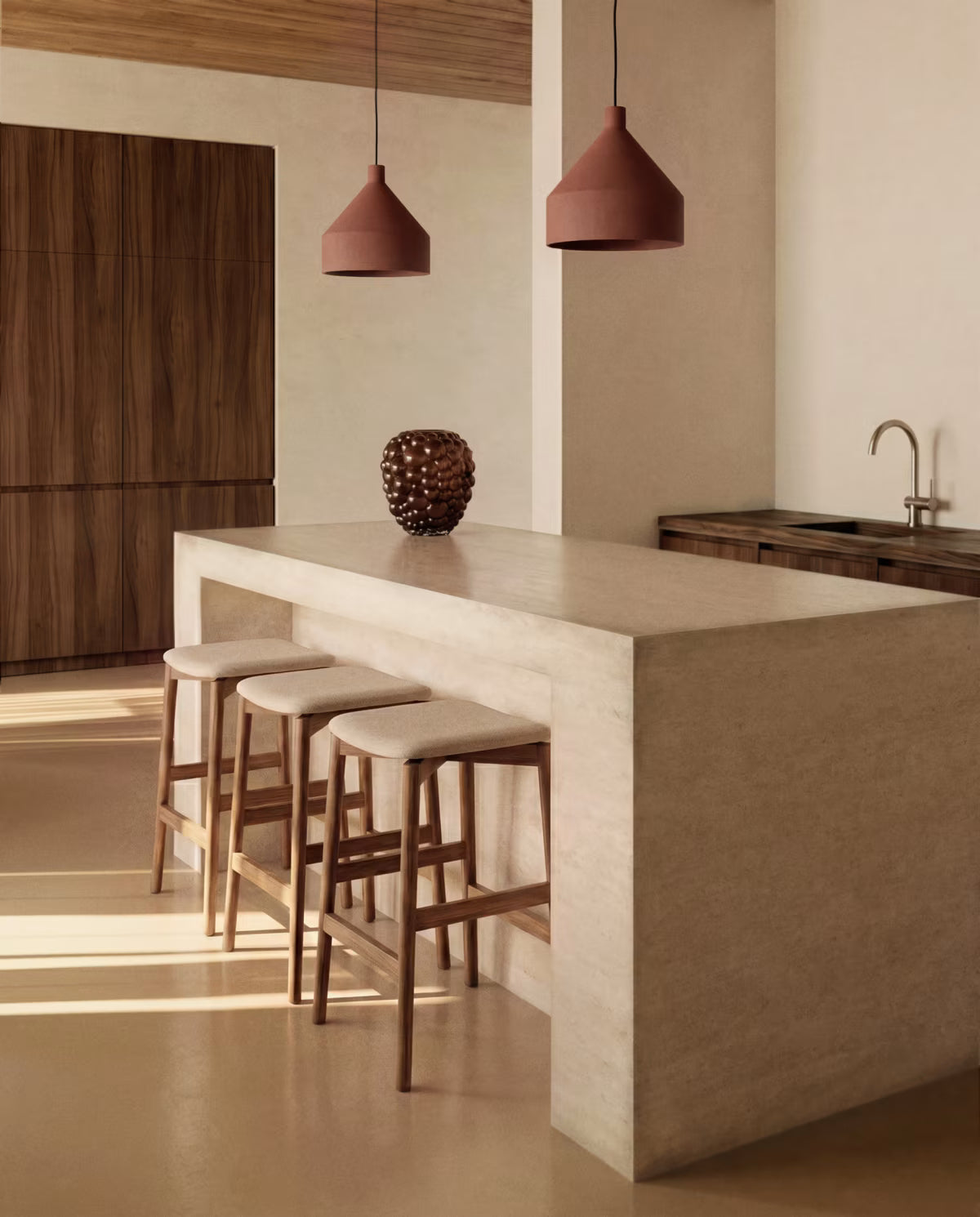 EVERA beige chenille stool with a dark veneered oak base