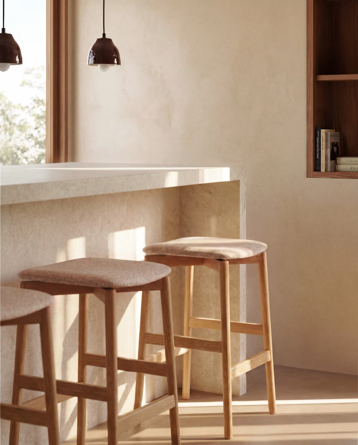 EVERA beige chenille stool with a veneered oak base