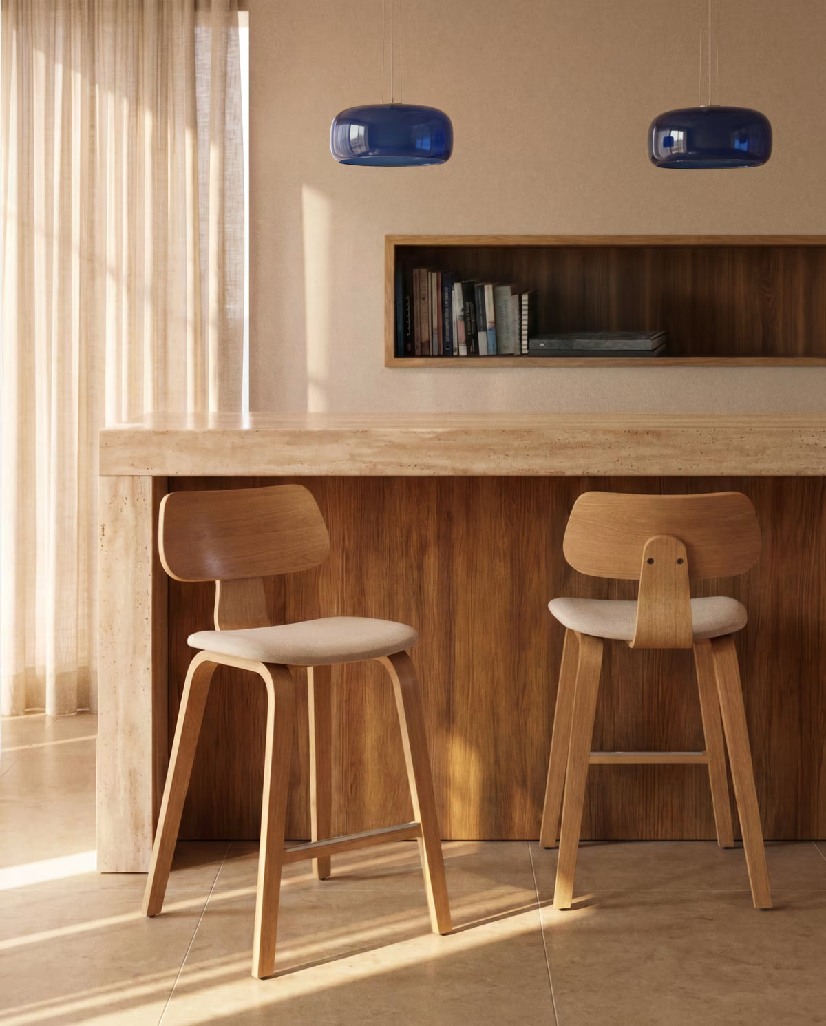 GENA Bar Stool in Beige Chenille with a Veneered Oak Base