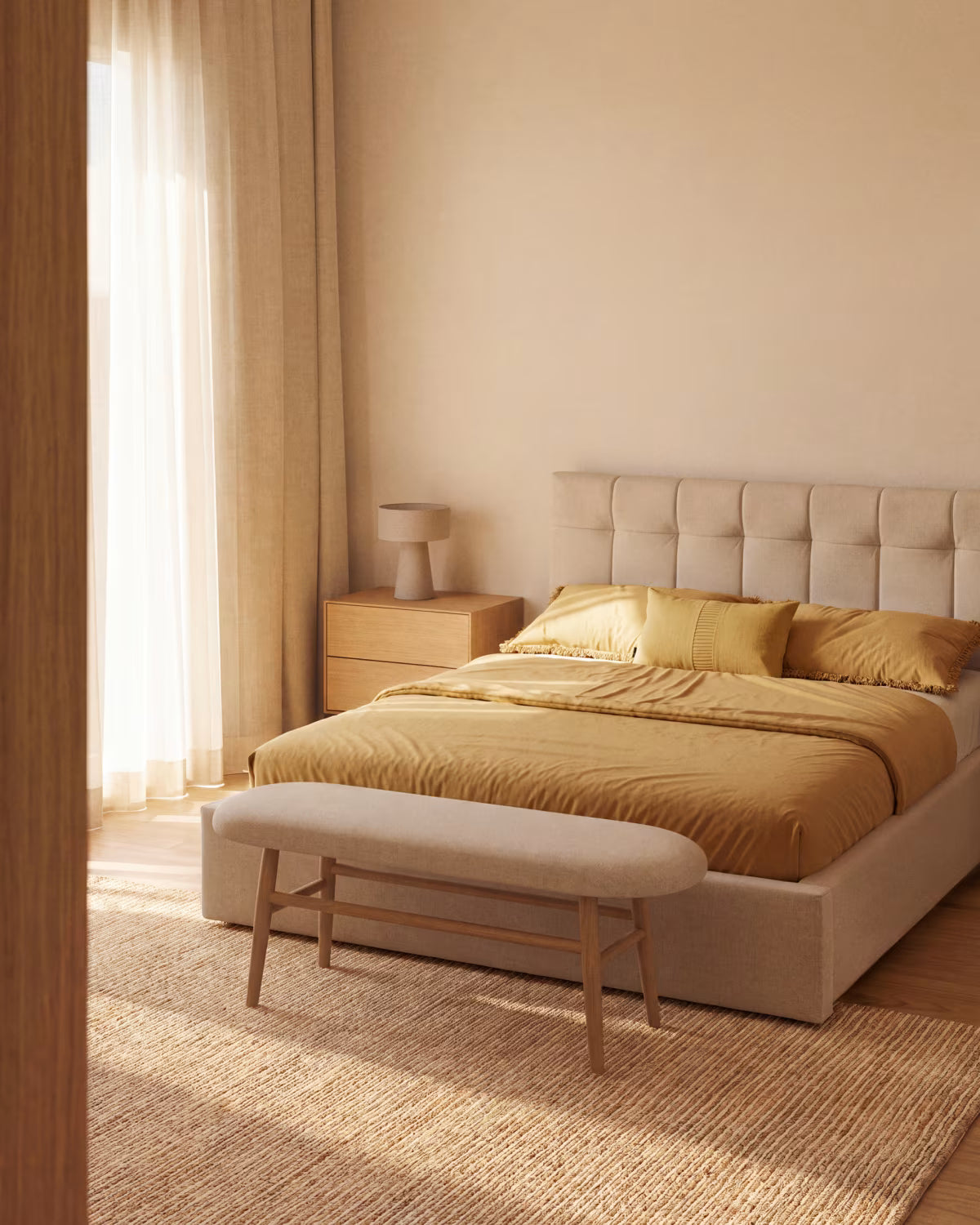 HELD bench in beige chenille with a veneered oak base