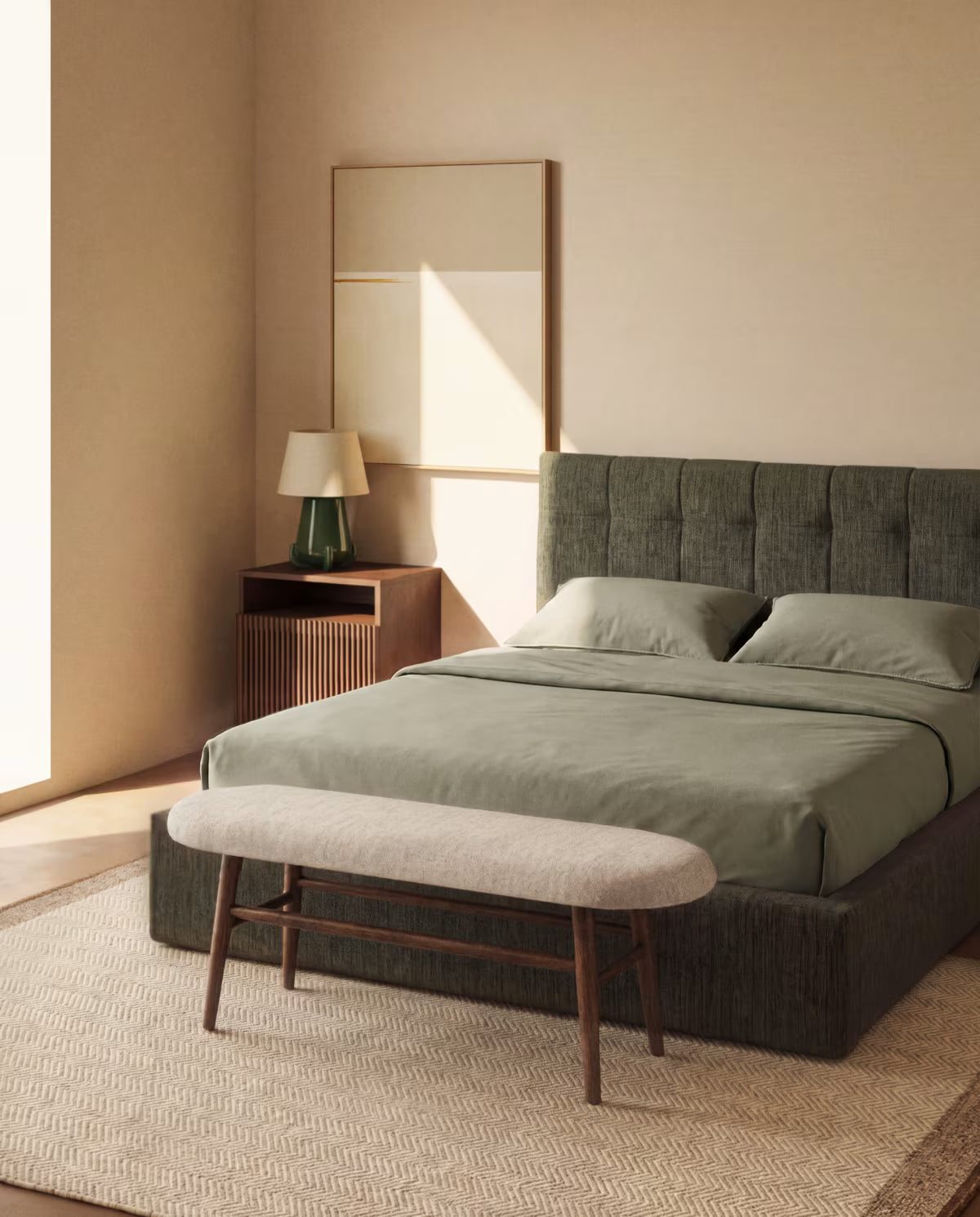HELD bench in beige chenille with a dark veneered oak base.