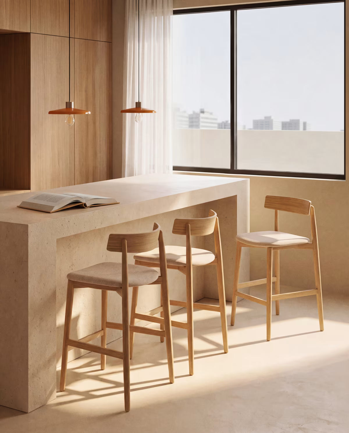 EVERA bar stool in beige chenille with a veneered oak base.