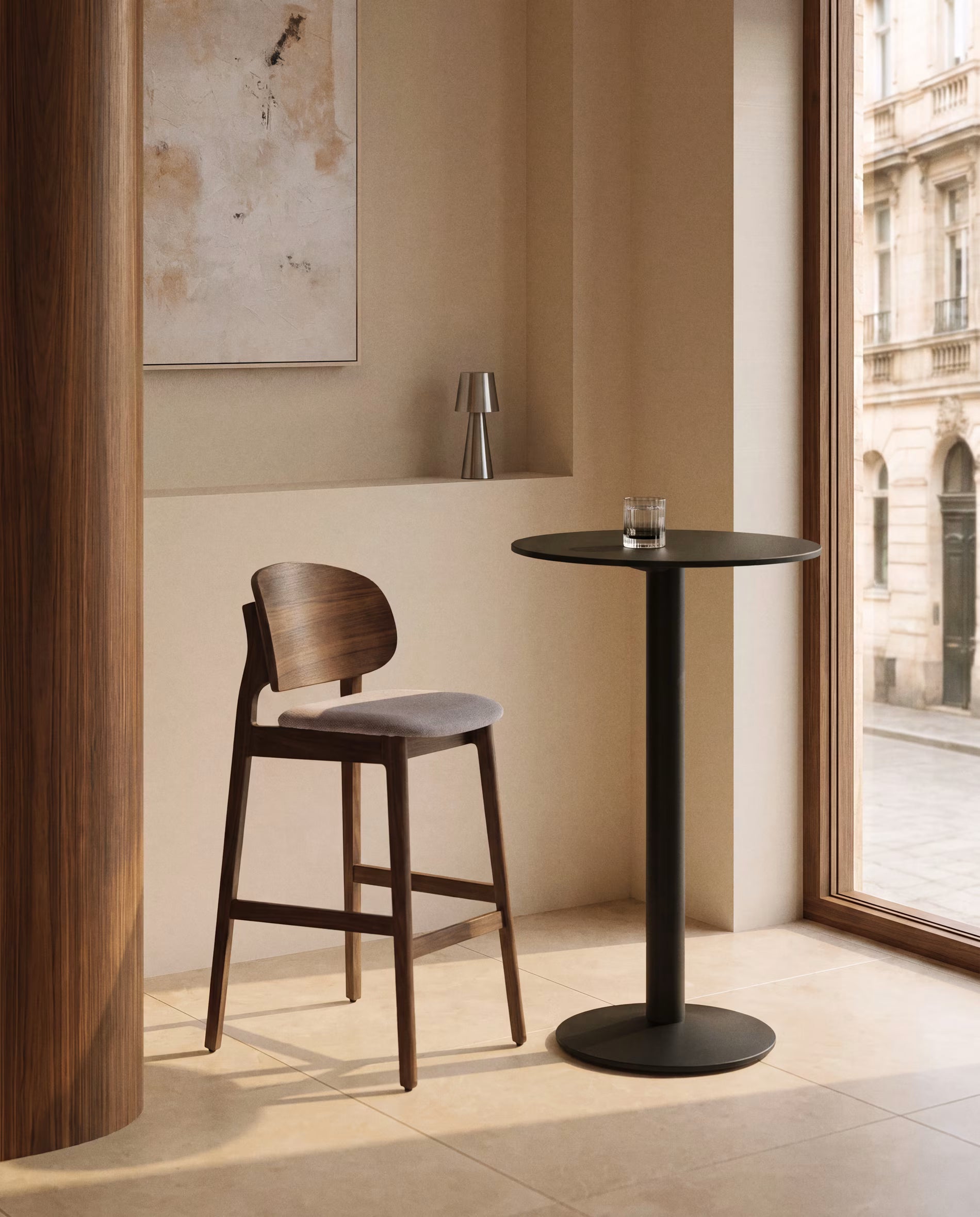 LUDARA Bar Stool in Brown Chenille with a Dark Veneered Oak Base