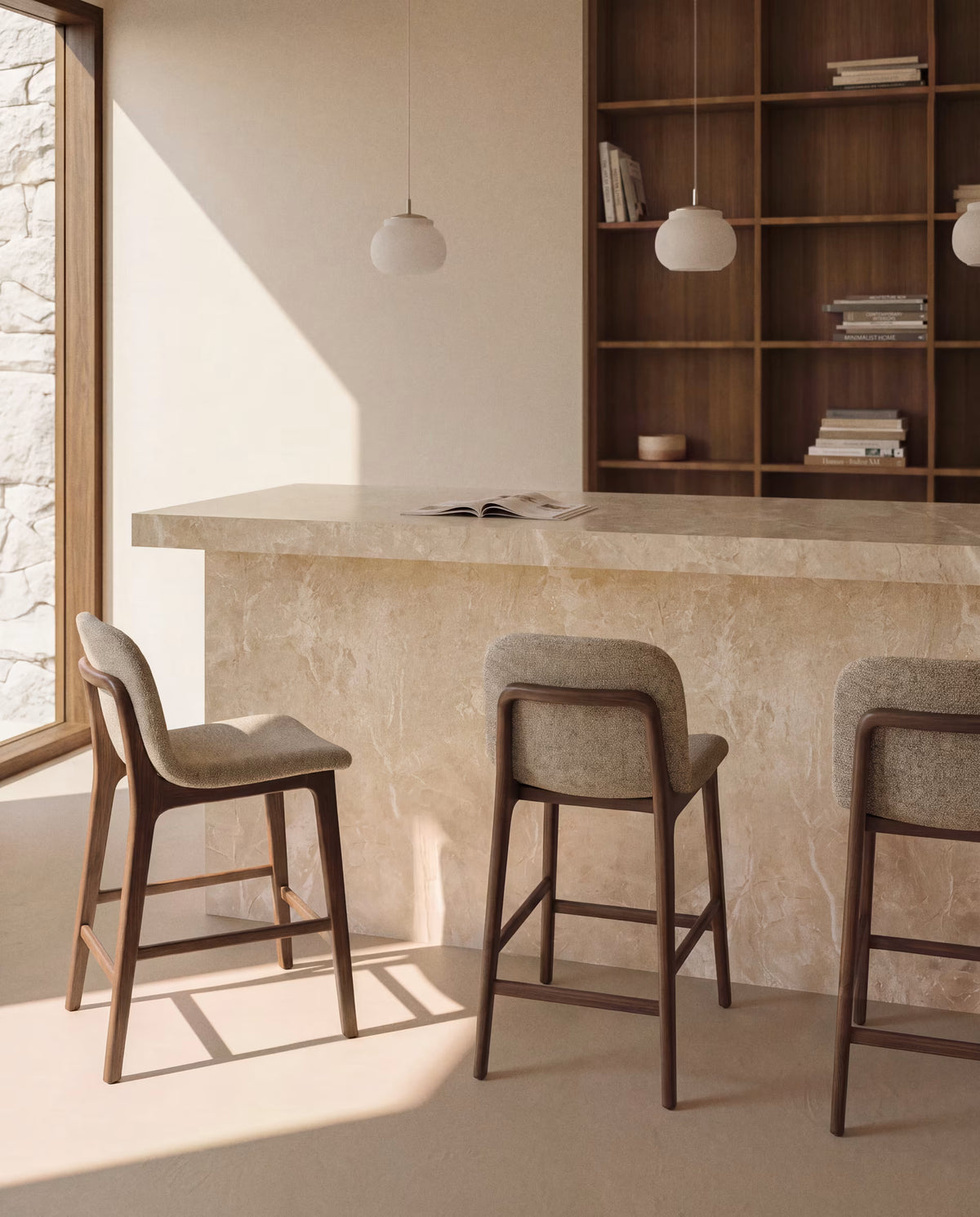 ELNOR stool in brown chenille with an oak base