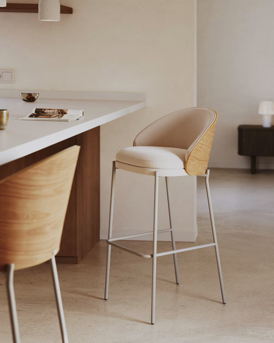 EAMY Bar Stool in Beige Chenille with Ash Finish