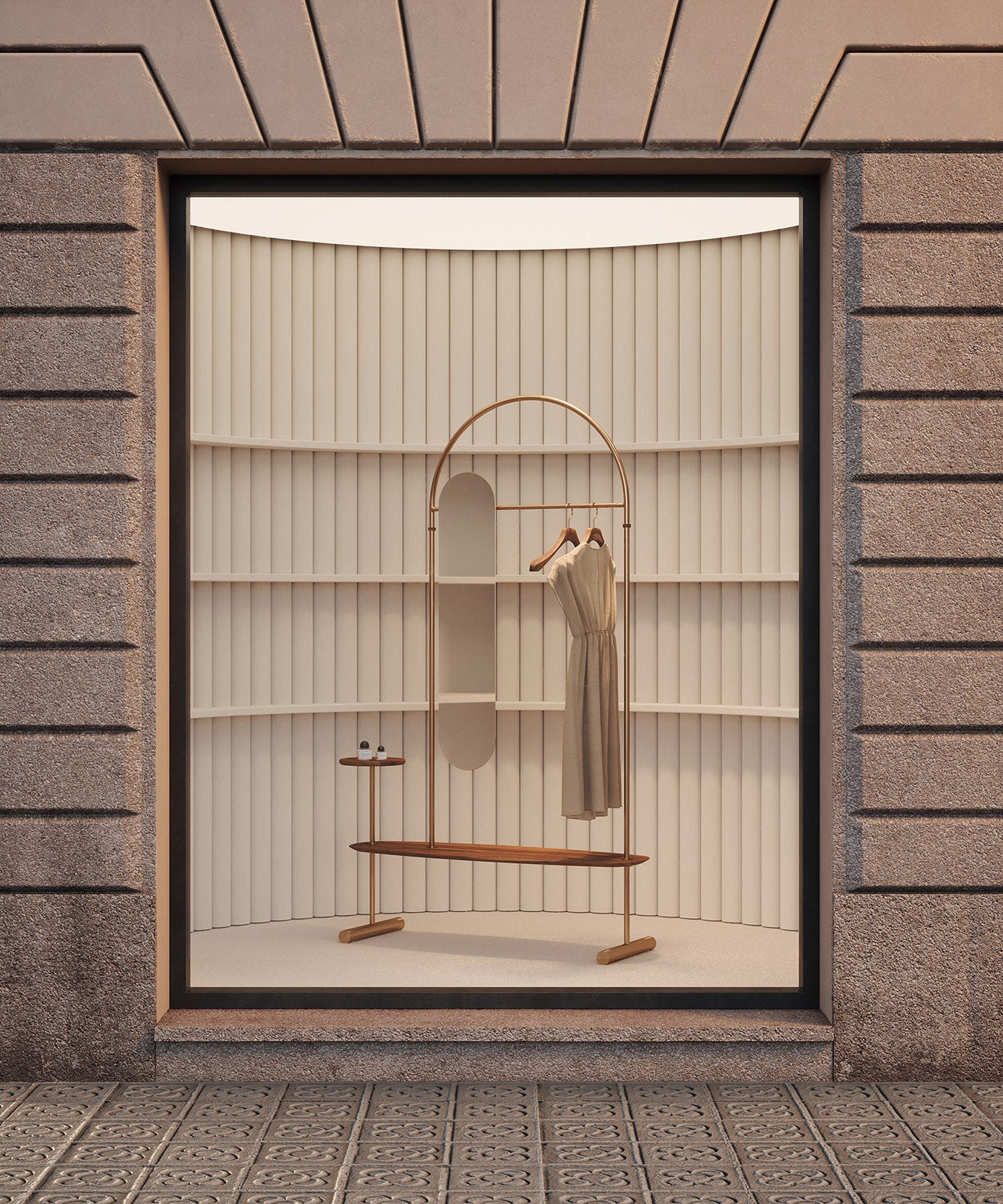 ARCO Coat Rack with Mirror, Walnut Wood with Brass Finish
