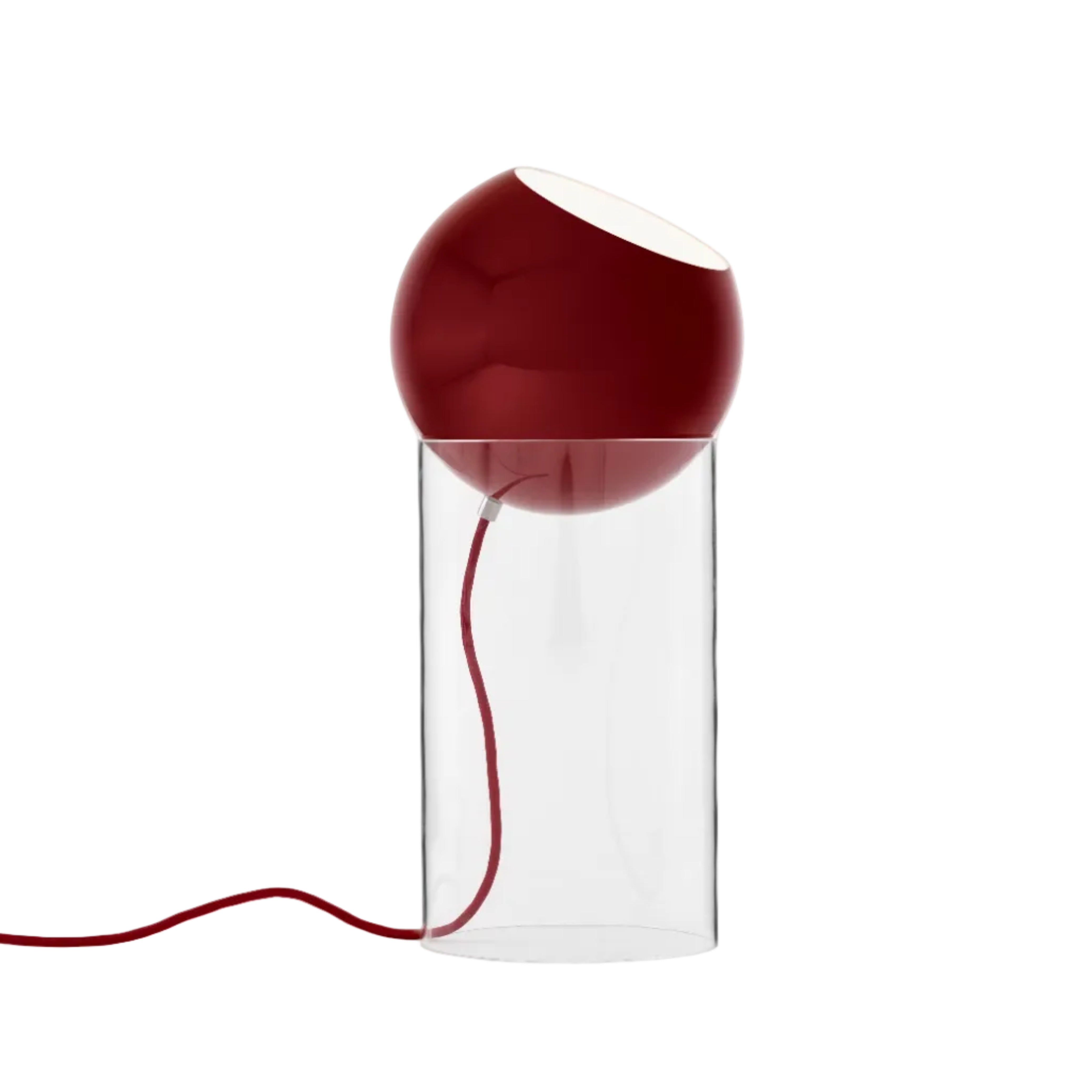 TOPAN table lamp with a red shade and transparent base.