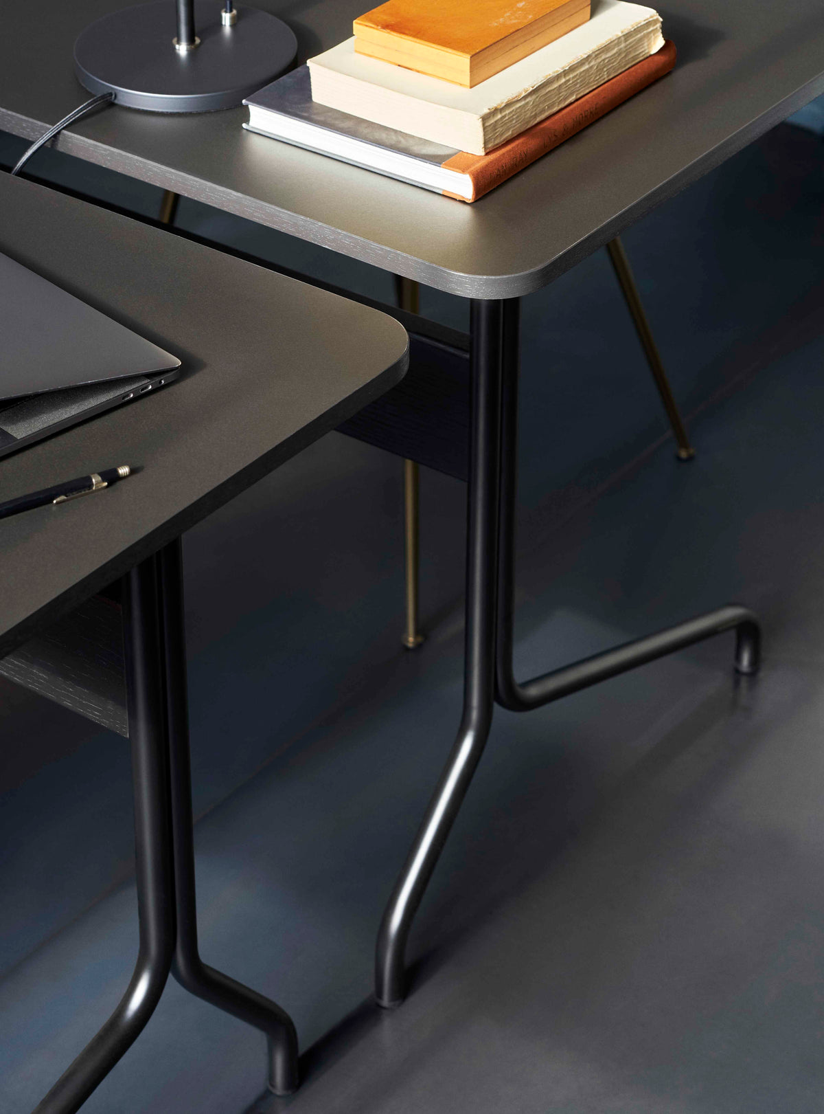 PAVILION desk with a beige linoleum top, oak finish, and steel base