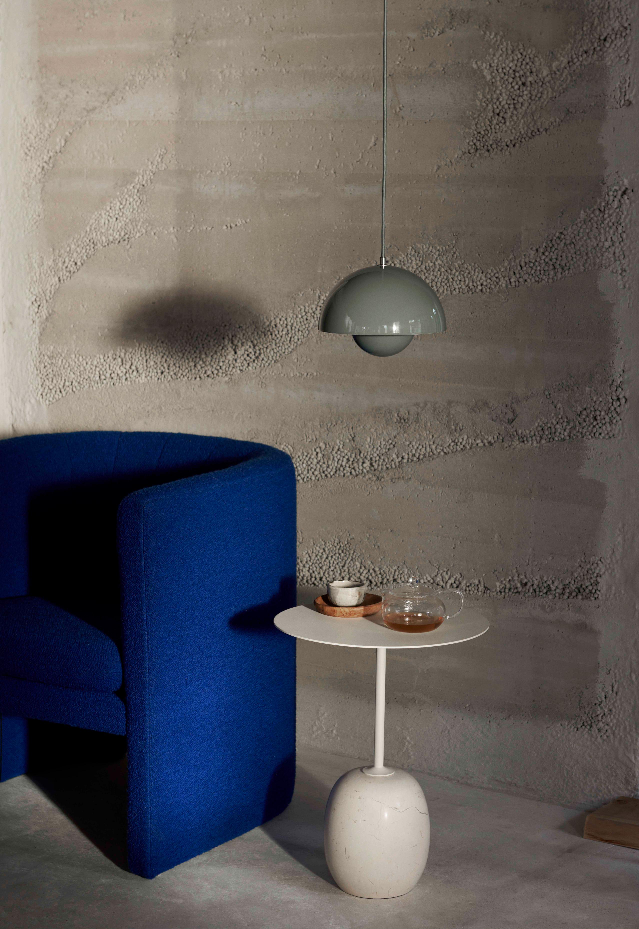 LATO side table with a cream top and beige marble base