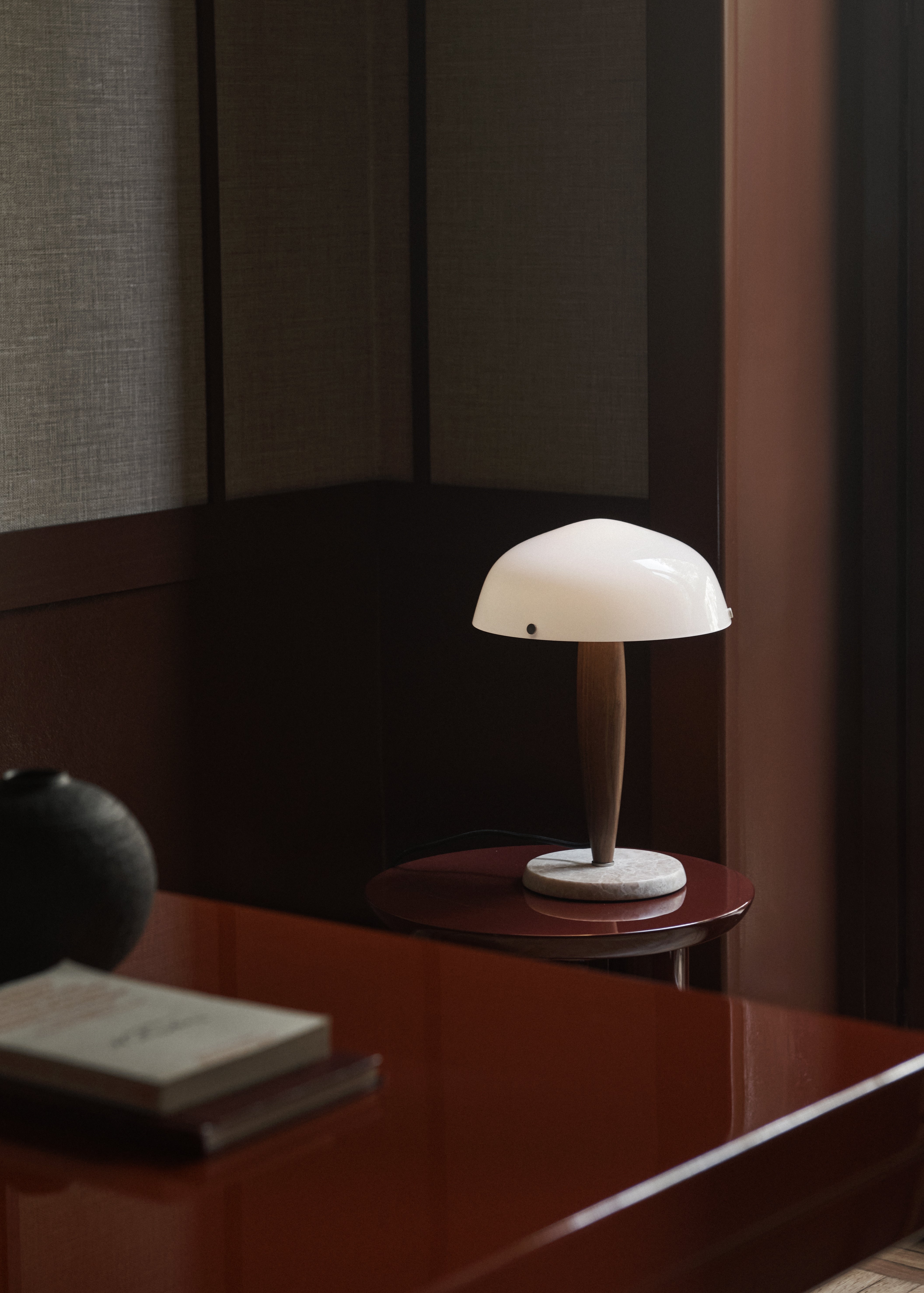 Table lamp HERMAN SHY3 opal glass with walnut wood and cream marble base