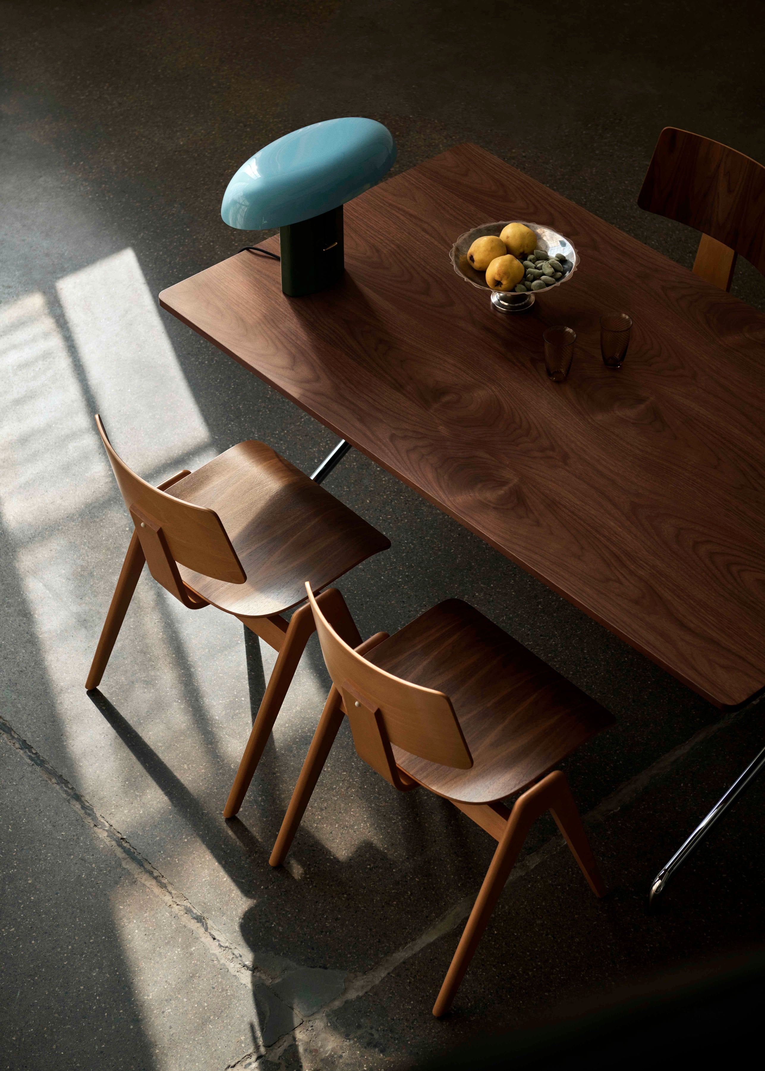 PAVILION table in lacquered oak with a chrome base