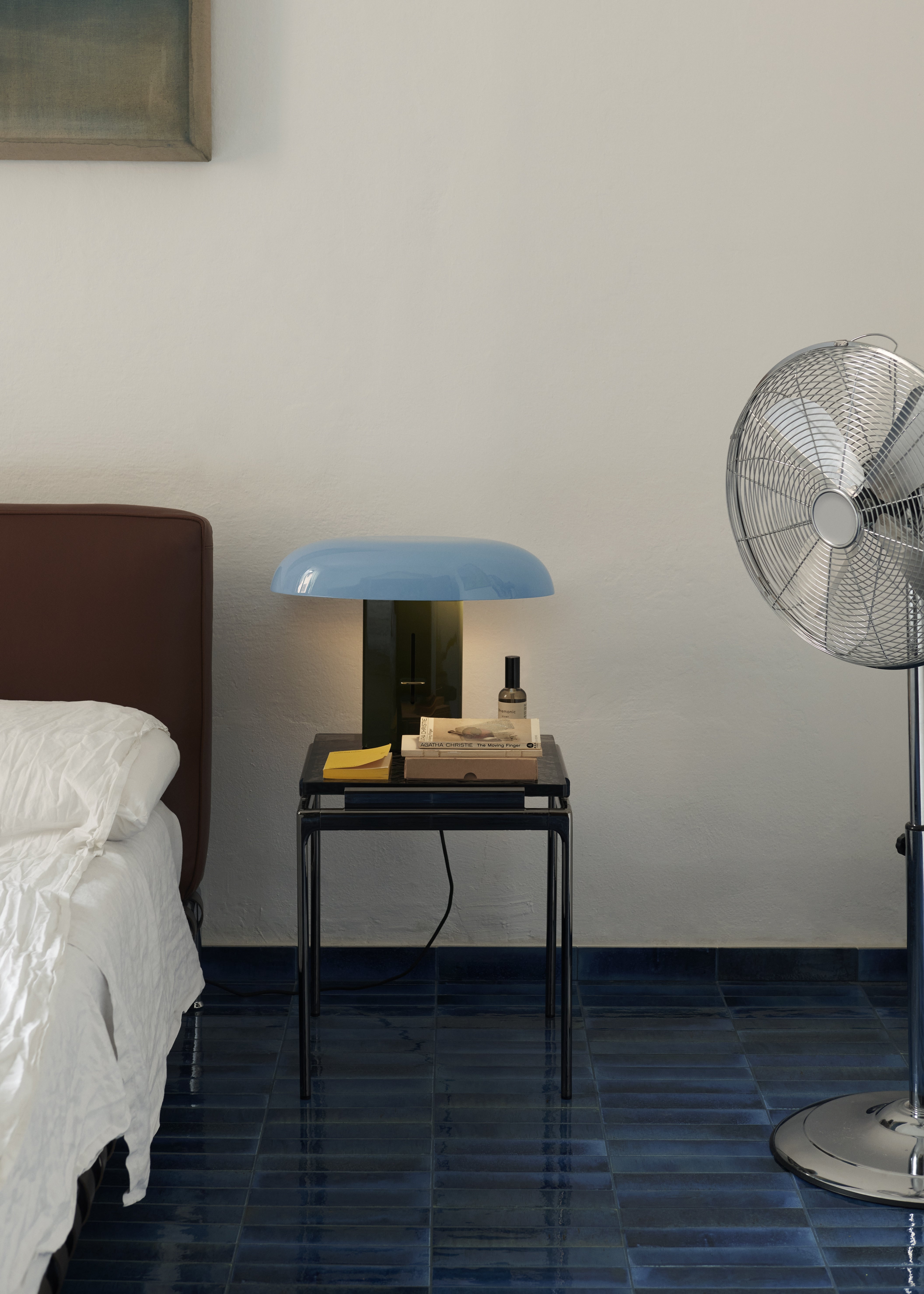 MONTERA JH42 table lamp with a light blue shade and a dark green base.