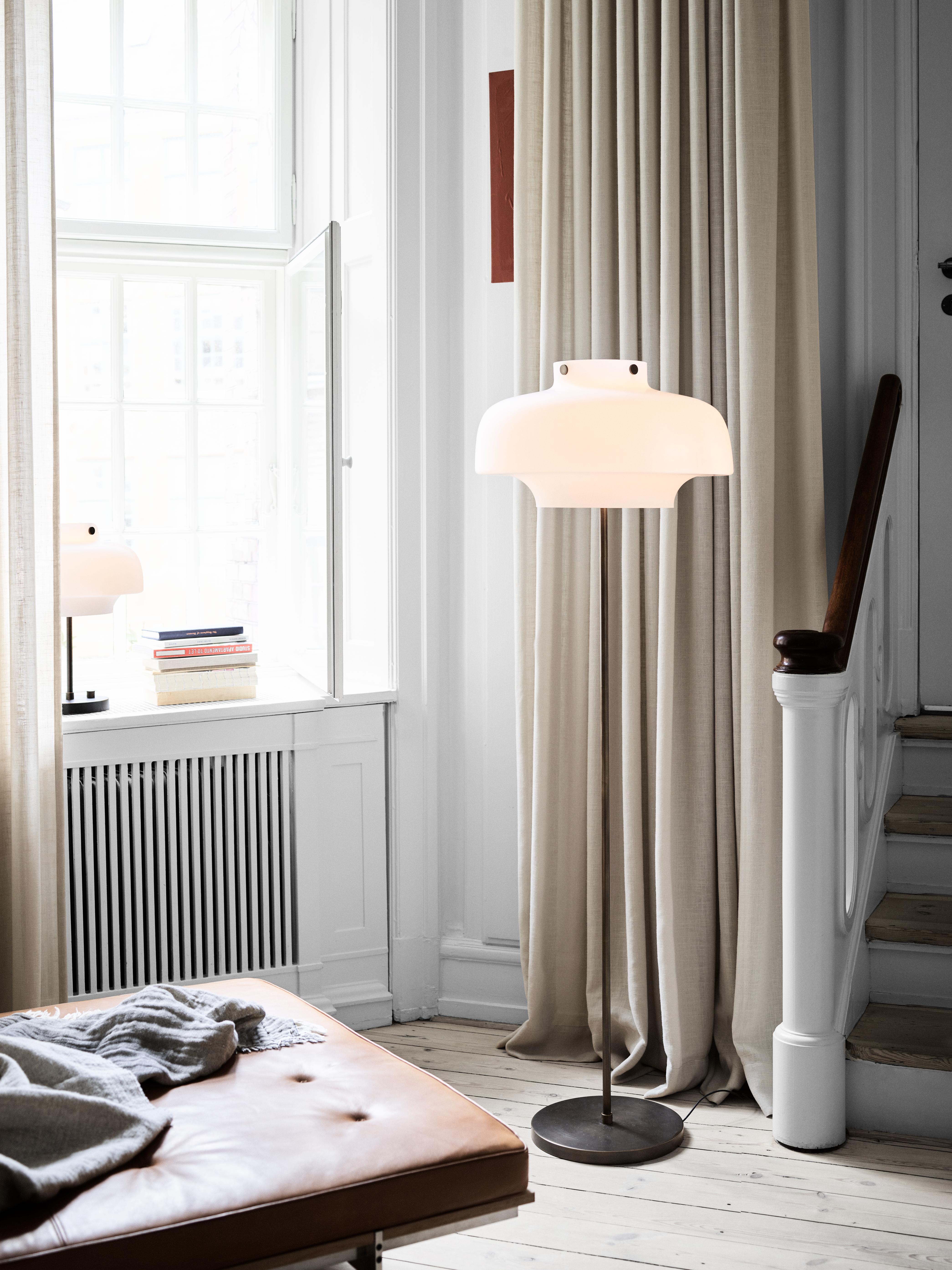 COPENHAGEN SC14 floor lamp with an opal shade and a bronzed brass base