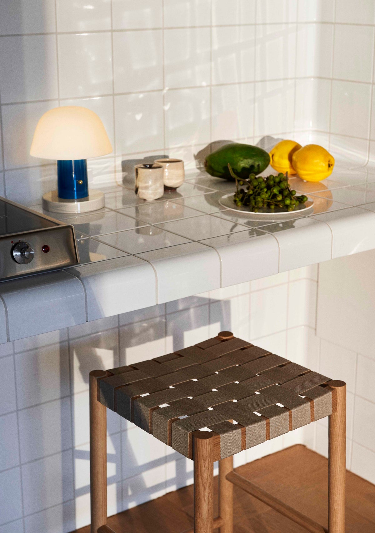 BETTY stool with beige woven seat and smoked oiled oak