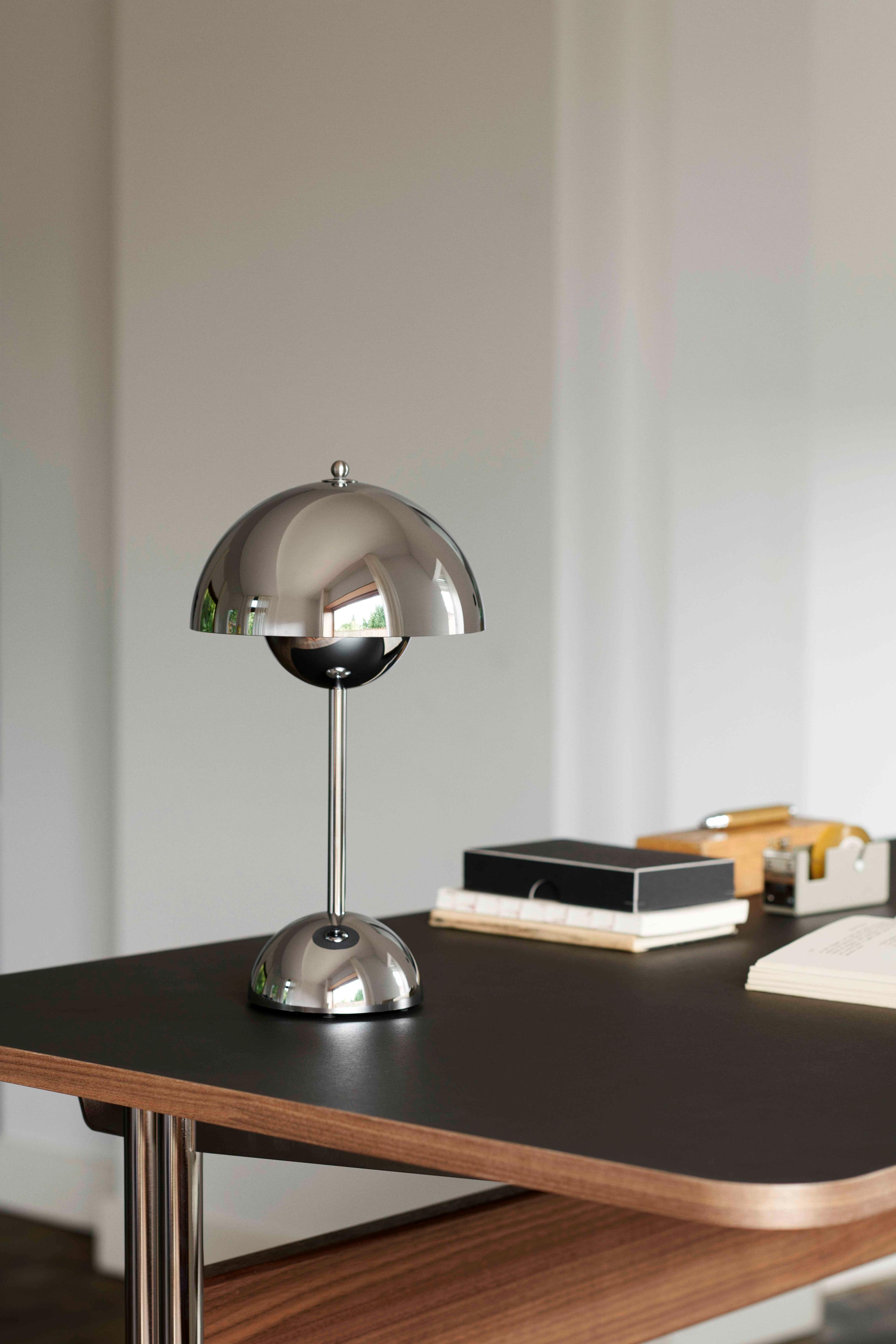 PAVILION desk with a graphite linoleum top, walnut finish, and steel base