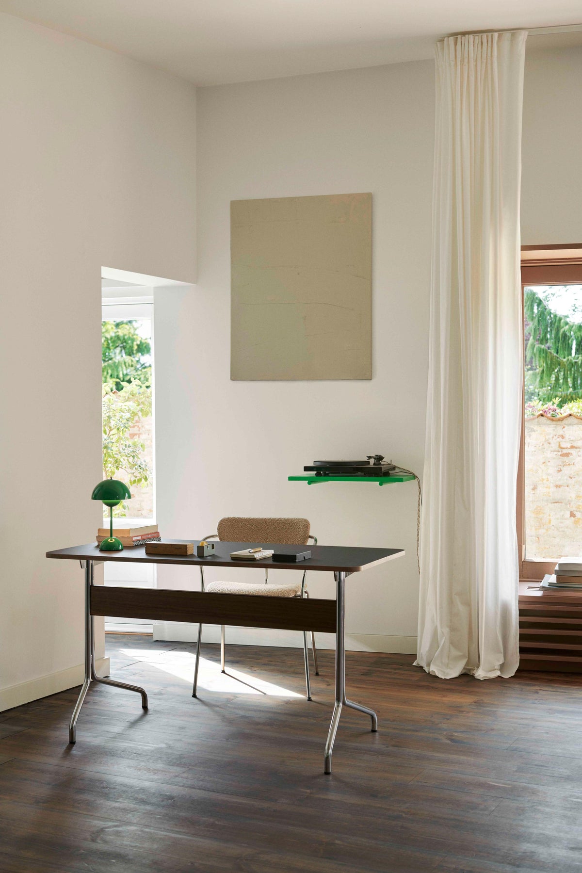 PAVILION desk with a beige linoleum top, oak finish, and steel base