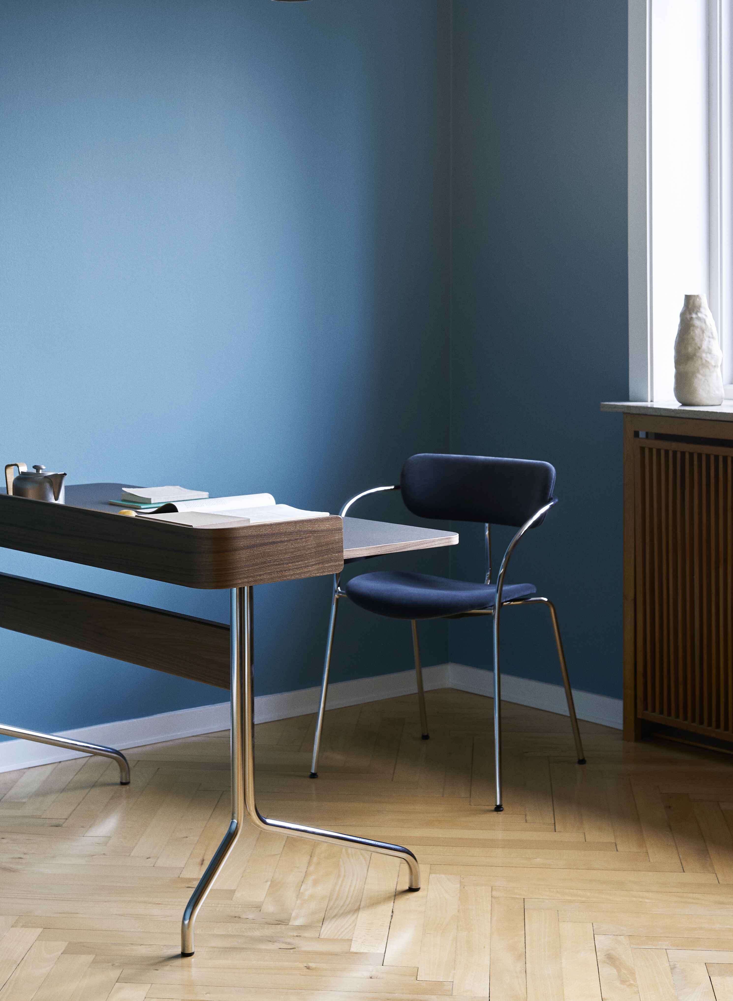 PAVILION desk with a graphite linoleum top, walnut finish, and steel base