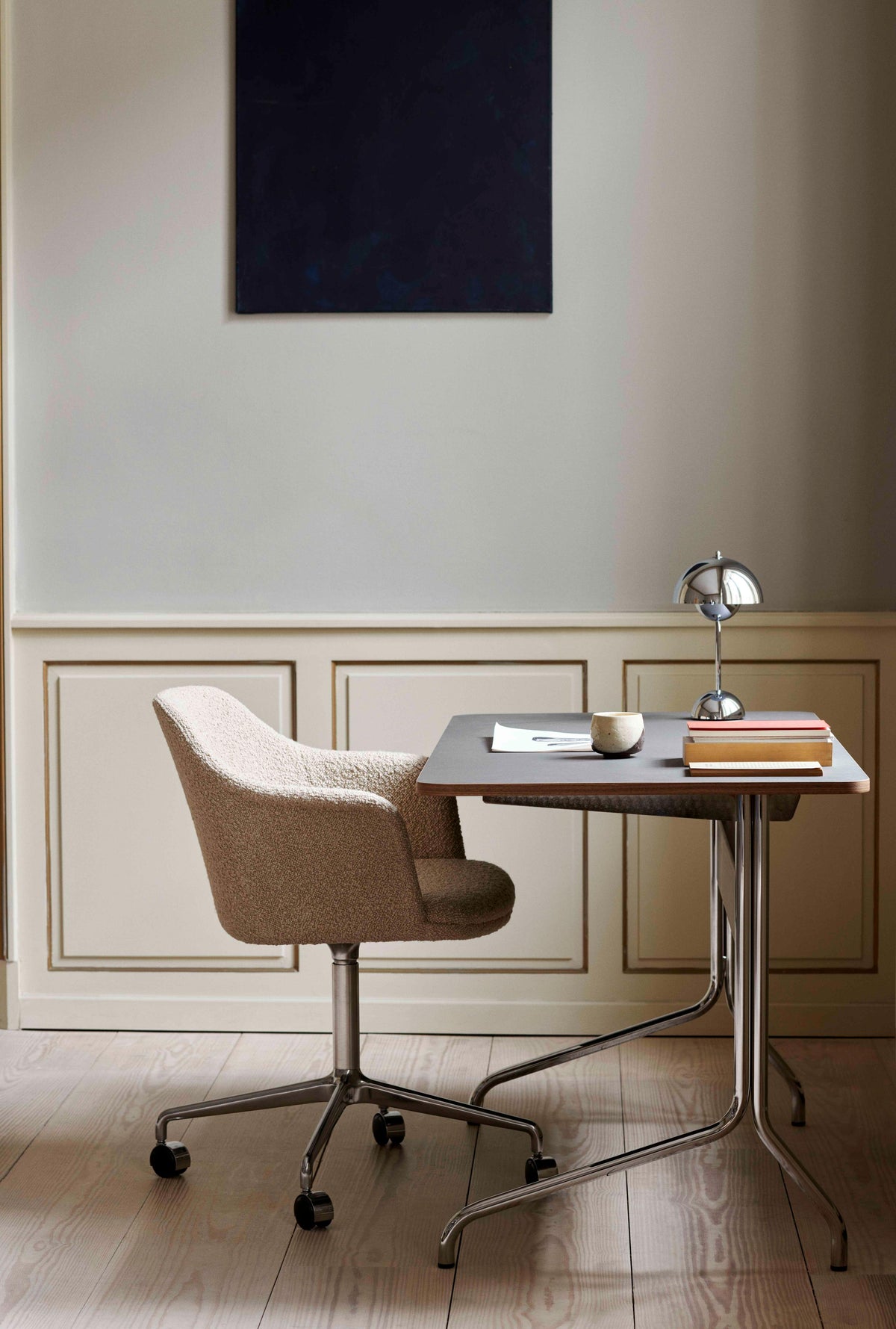 PAVILION desk with a beige linoleum top, oak finish, and steel base