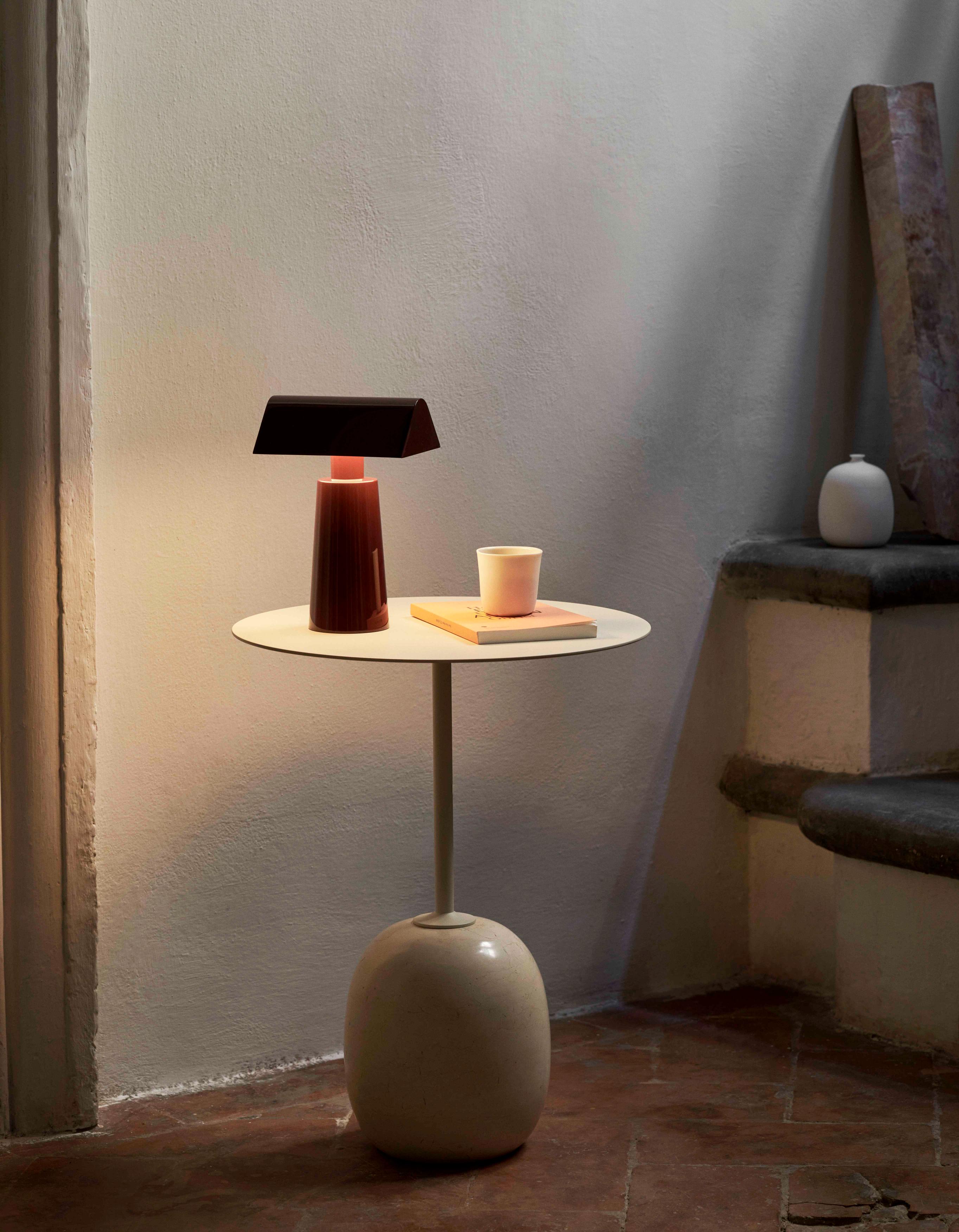 LATO side table with a cream top and beige marble base