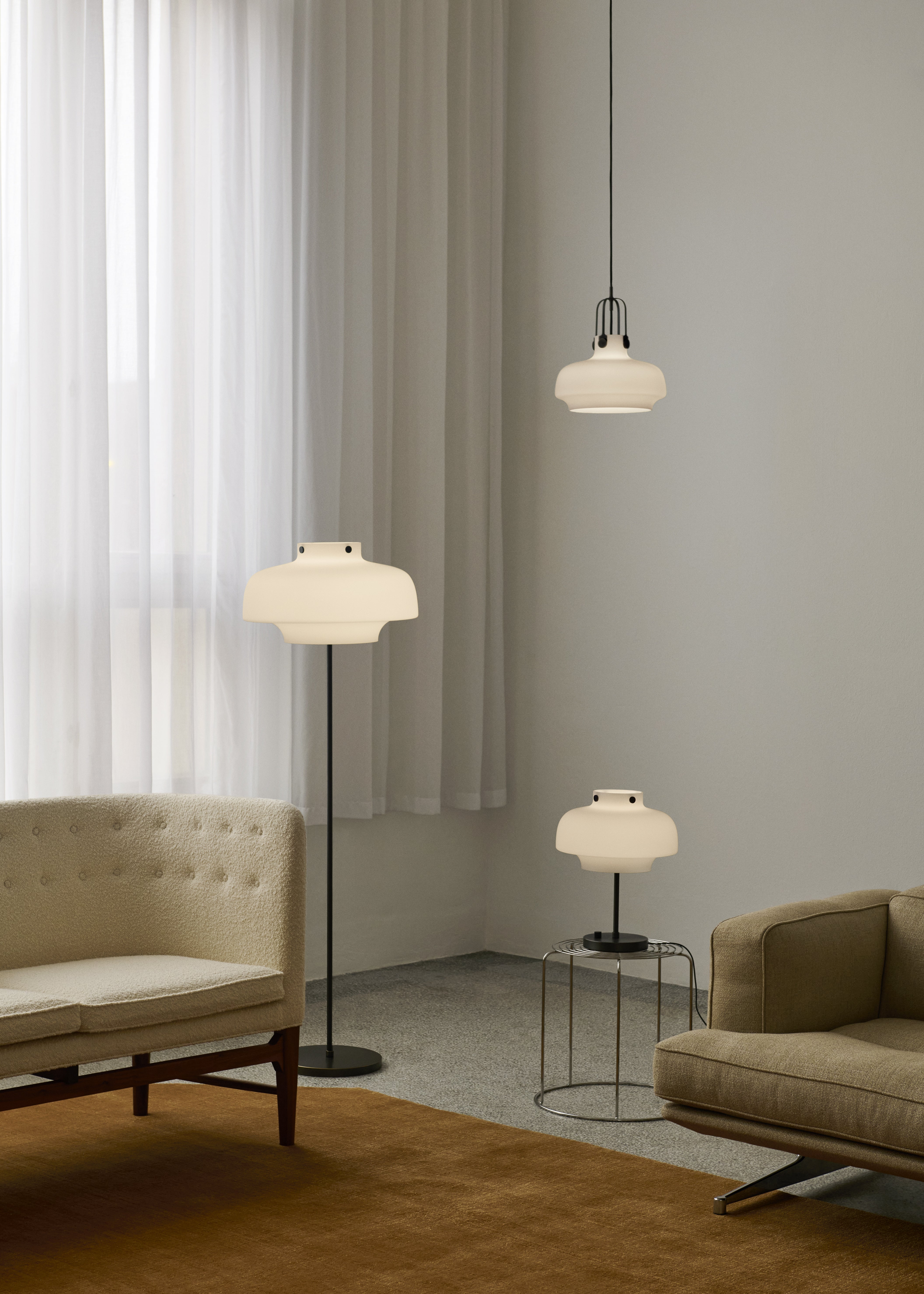 COPENHAGEN pendant lamp with an opal shade and brown finish.