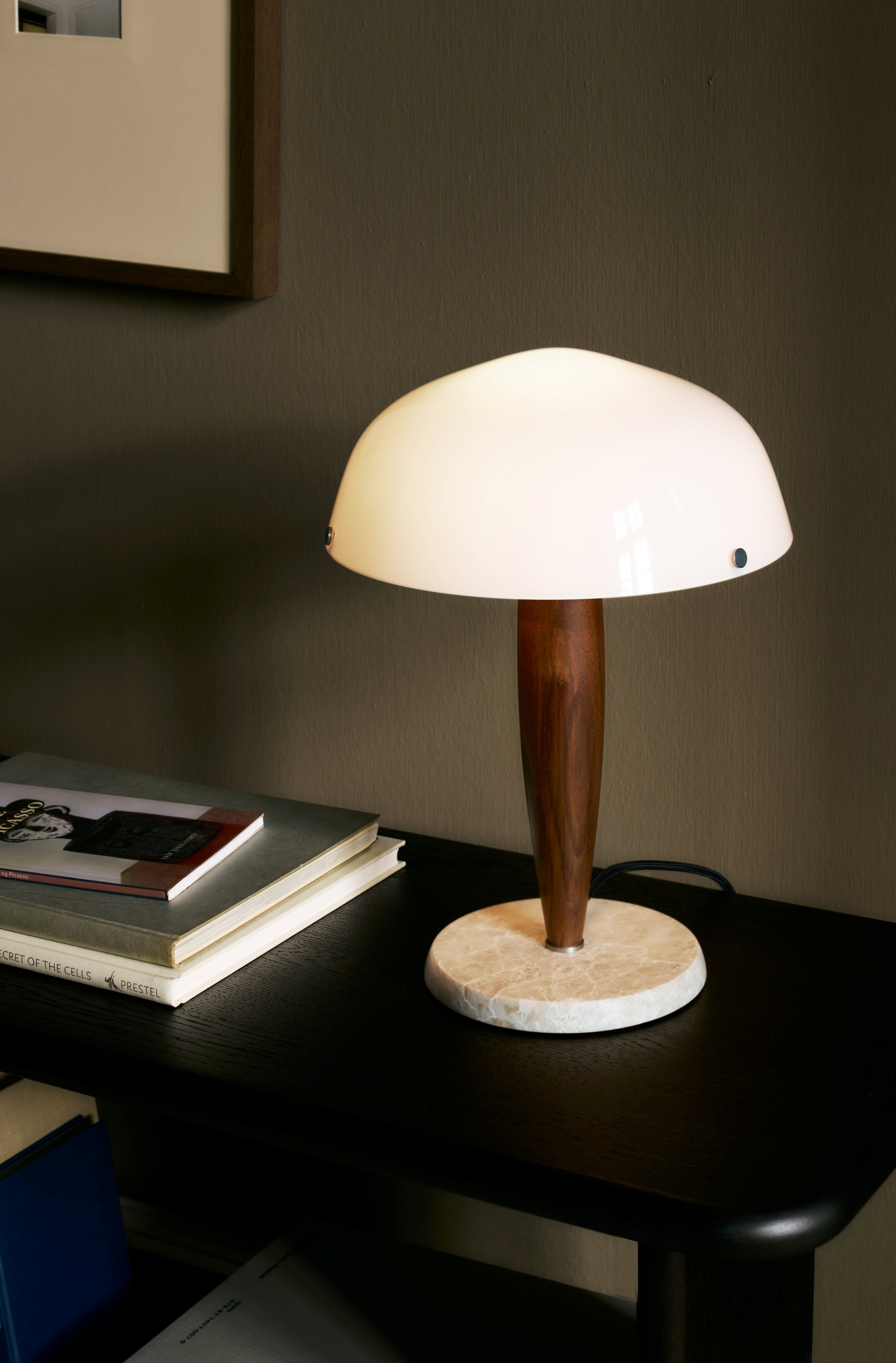 Table lamp HERMAN SHY3 opal glass with walnut wood and cream marble base