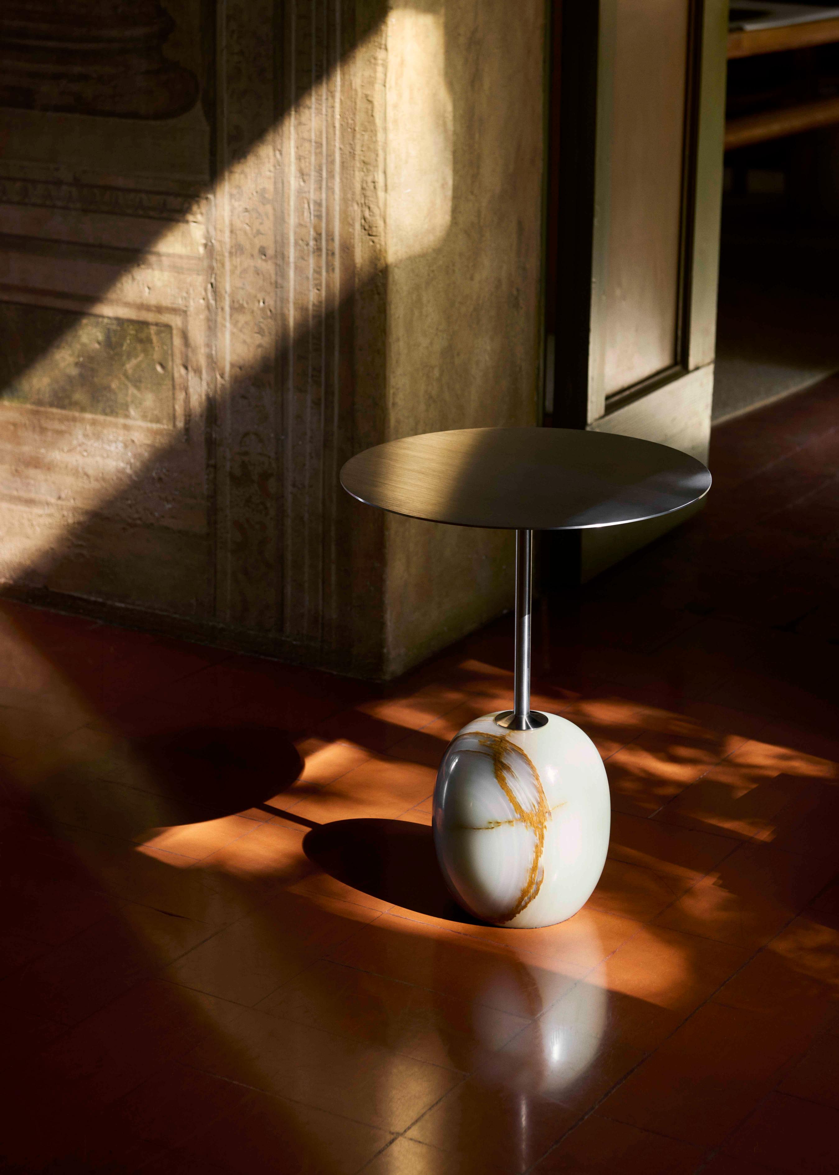 LATO side table with a cream top and beige marble base