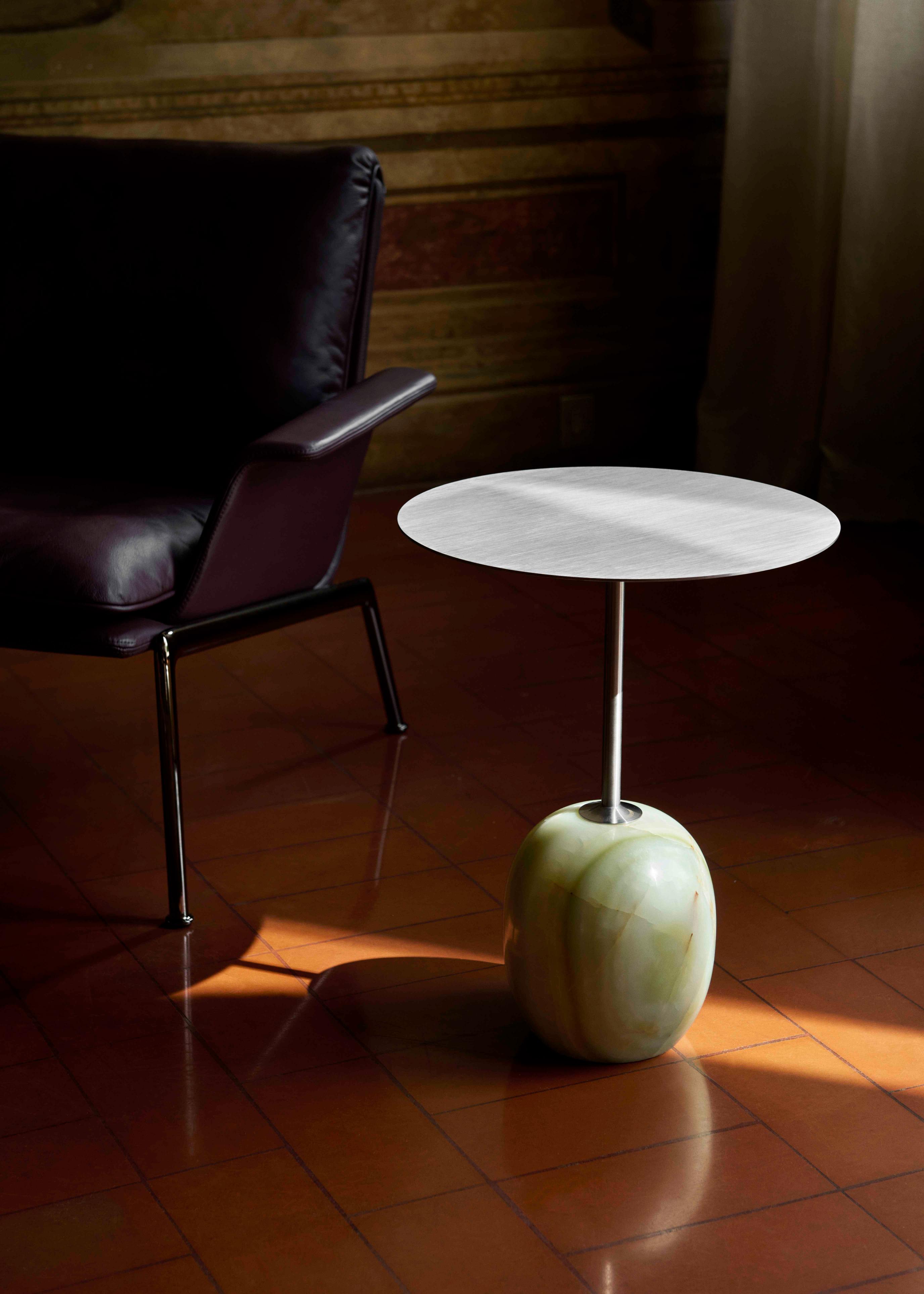 LATO side table with a cream top and beige marble base